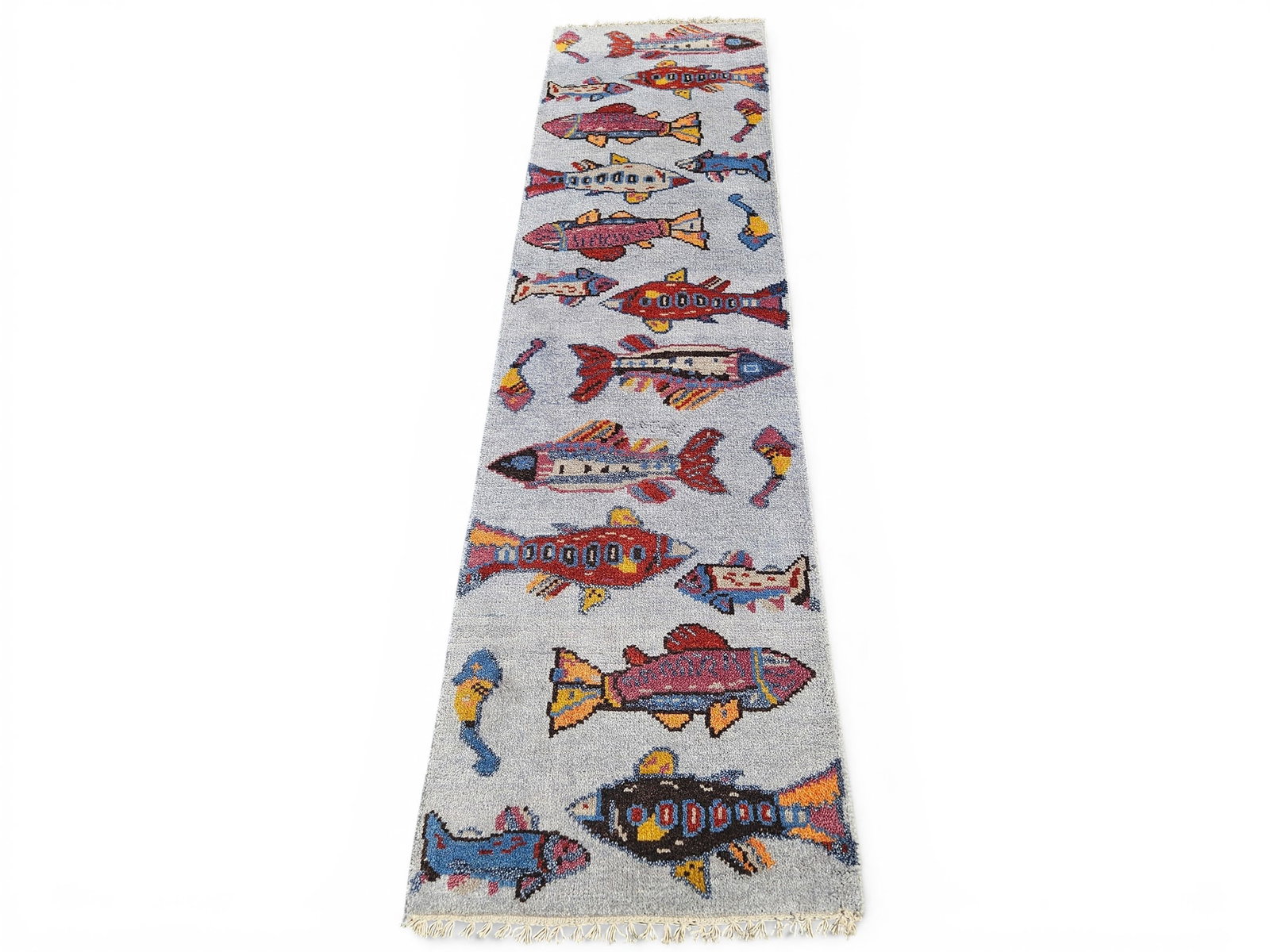 Turkish Runner with Fish Decoration, 8ft 2in x 2ft 1in: A contemporary Turkish runner with a colorful fish decoration. 8ft 2in x 2ft 1in. | You have additional shipping options, and are not required to use Live Shipping. Additional shipping and delivery de