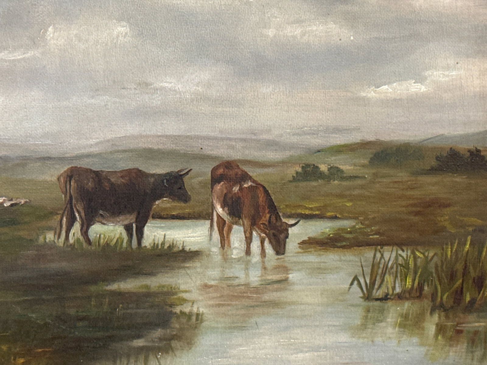 19th C. Oil/Canvas: Grazing Cows: A gilt-wood framed oil on canvas of Fresian cows grazing in a pastoral scene. Pencil signed illegibly verso. Canvas: 10in x 22in. Frame: 16in x 28in. | You have additional shipping options, and are no