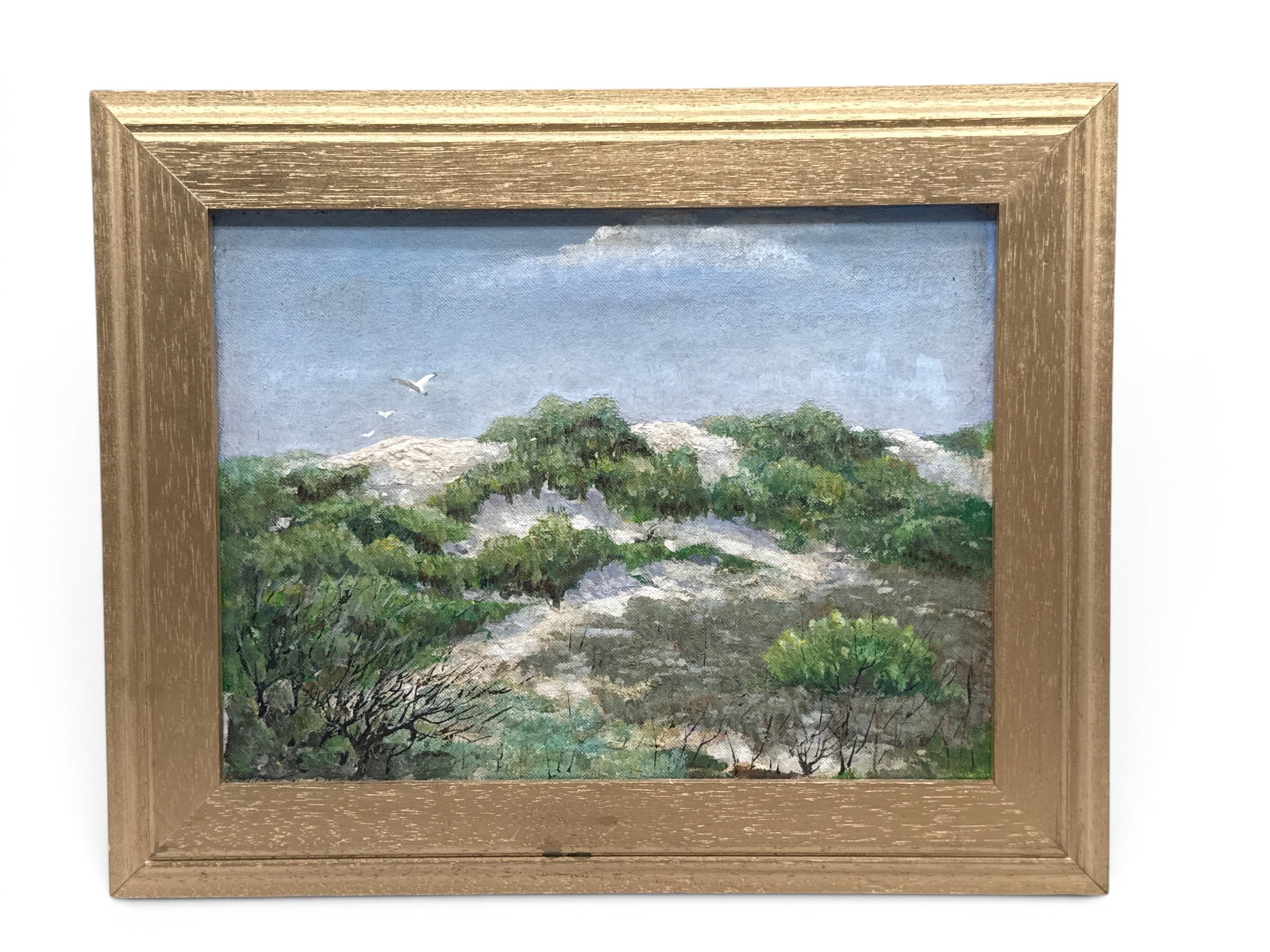 Gilt-Framed Oil/Panel: Barnegat Bay: A diminutive gilt-wood framed oil on panel of Barnegat Bay, New Jersey sand dunes. Titled verso, dated '67. Frame: 12in x 15in. | You have additional shipping options, and are not required to use Live
