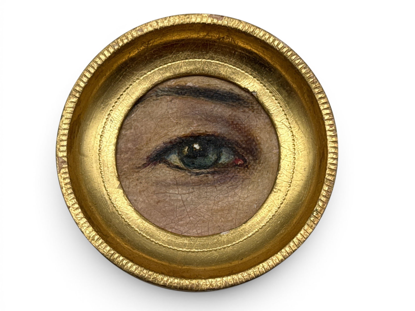 Gilt-Framed Lover's Eye-style Painting: A circular gilt-wood framed painting in the "Lover's Eye" style. 3-1/2in x 3in. | You have additional shipping options, and are not required to use Live Shipping. Additional shipping and delivery deta
