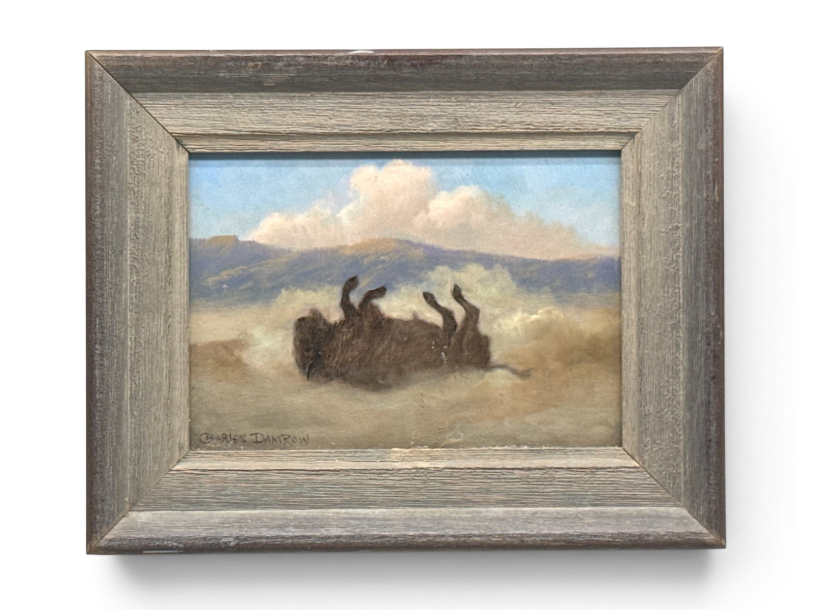Charles Damrow Oil/Board: Buffalo: Charles Damrow (American, 1916-1989) A small oil on board western scene with a rolling buffalo. Signed lower left. Frame: 7-1/2in x 9-1/2in. | You have additional shipping options, and are not require