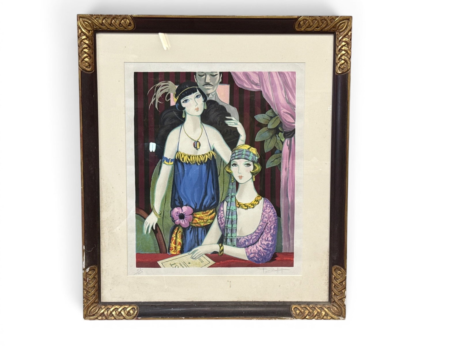 Francois Batet Lithograph: Art Deco Scene: Francois Batet (Spanish, 1921-2015). A lithograph with an Art Deco flapper scene. Signed lower right. Numbered 151/200 with Sande Webster gallery tag verso. Frame: 36in x 31in. Mat opening: 25in x 21i