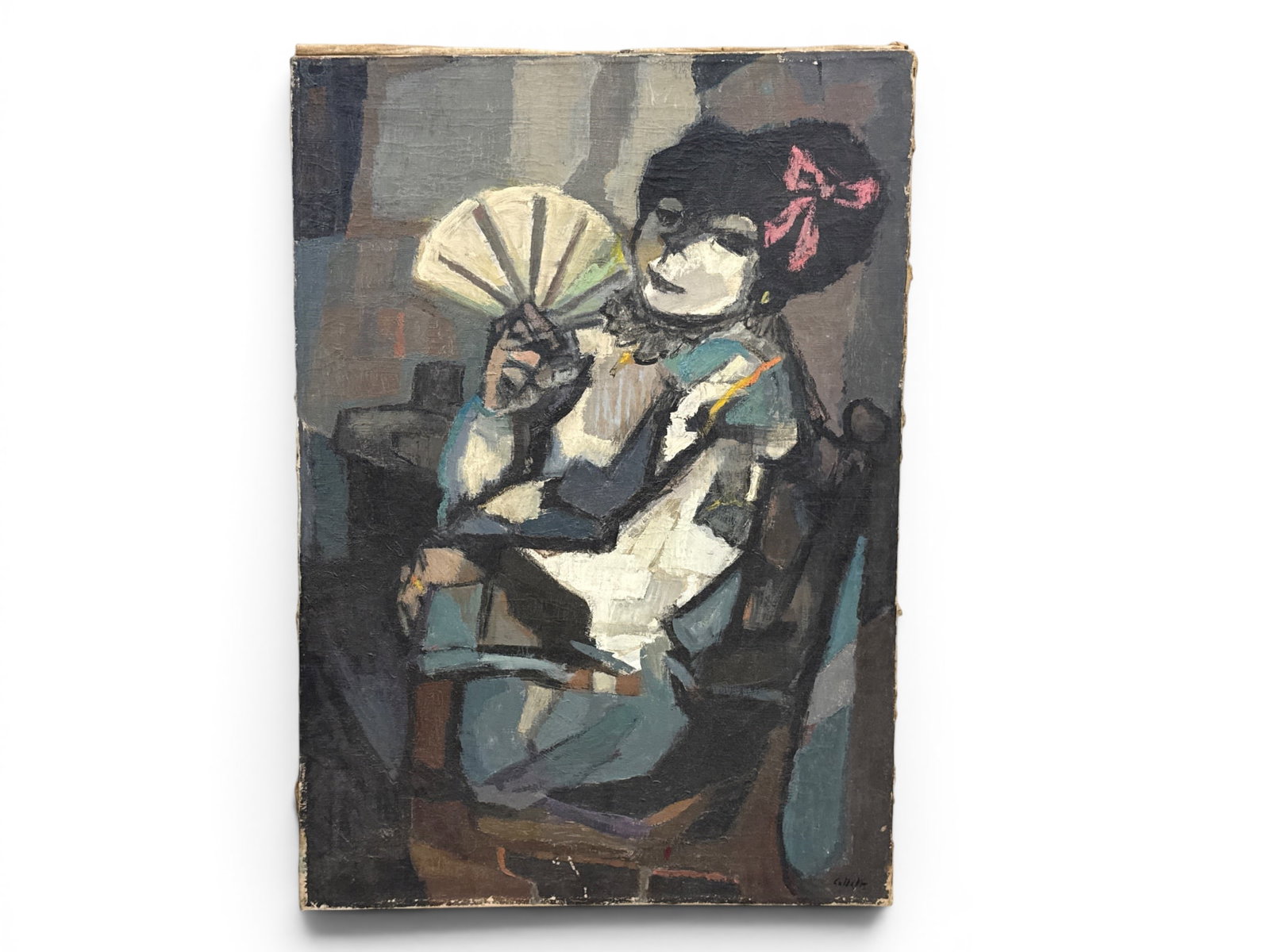 Italian Midcentury Oil/Canvas: Abstract Figure: An Italian midcentury modern oil on canvas depicting an abstracted female figure holding a fan. Signed lower right. 28in x 19-1/2in. | You have additional shipping options, and are not required to use