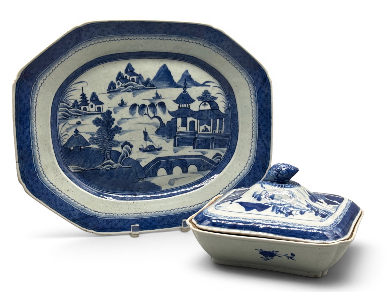 Chinese Canton Blue & White Platter and Dish (1 of 9)