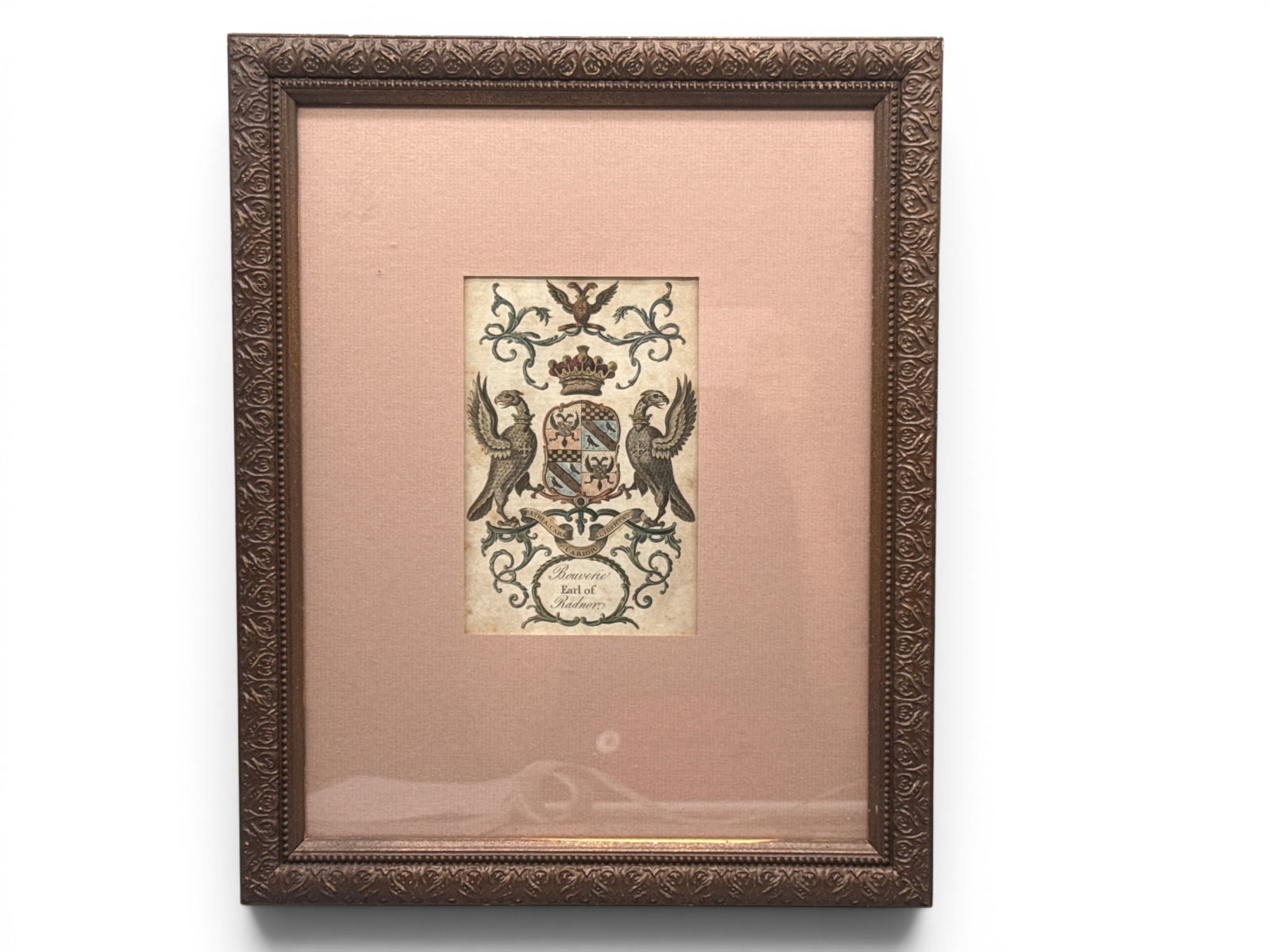 19th C. Engraving: Bouvier Earl of Radnor: A 19th C. engraving of the Bouvier Earl of Radnor coat of arms with an heraldic shield crest flanked by phoenix decoration with Latin text "Patria Cara Carior Libertas". Mat opening: 7in tall x 4in wi