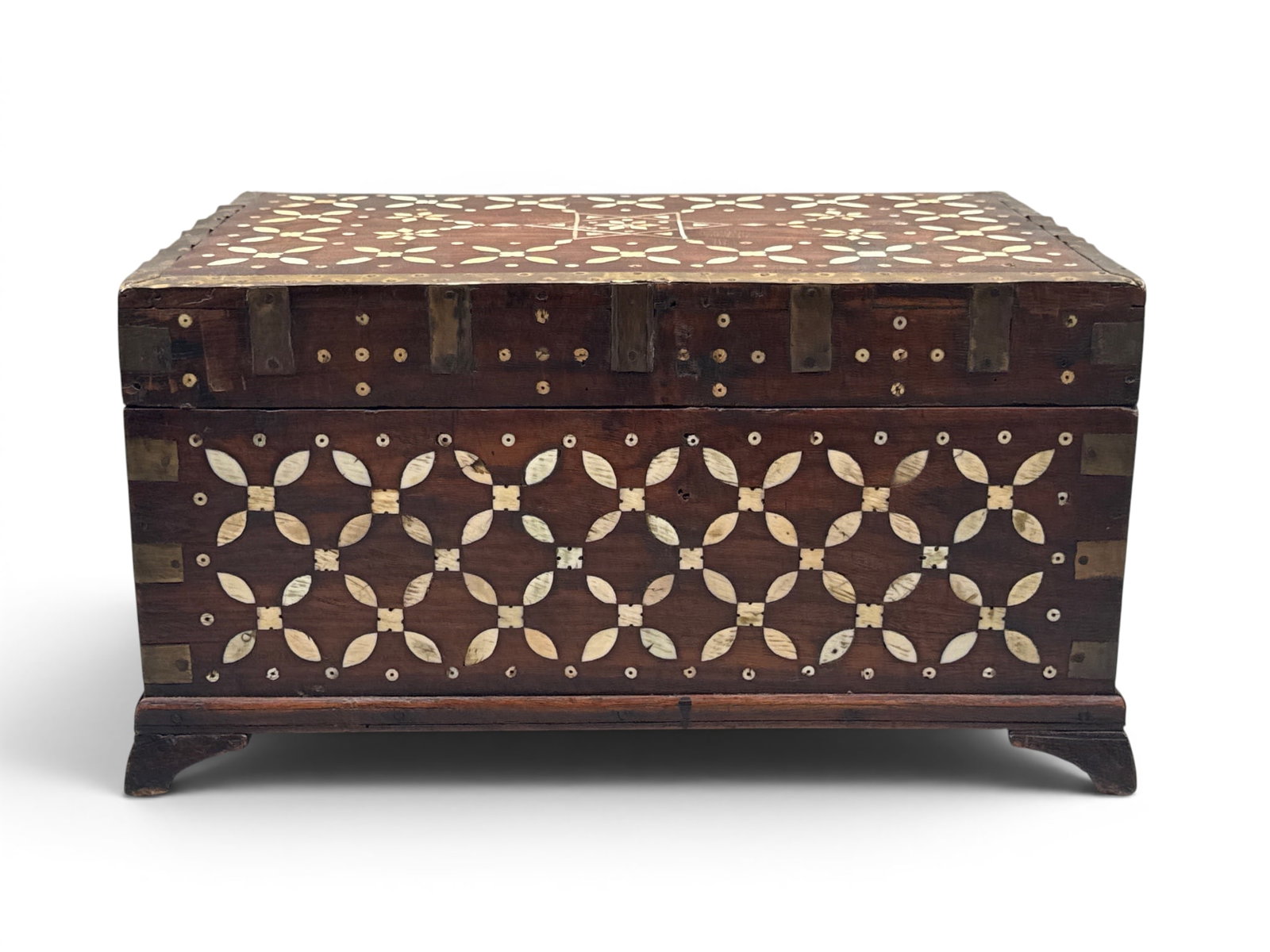 Indo-Portuguese Inlaid Contador Box: An Indo-Portuguese contador box with mother of pearl inlaid geometric design, brass-mounted edges, and carved, fitted interior. 8in tall x 15in wide x 10in deep. | You have additional shipping options