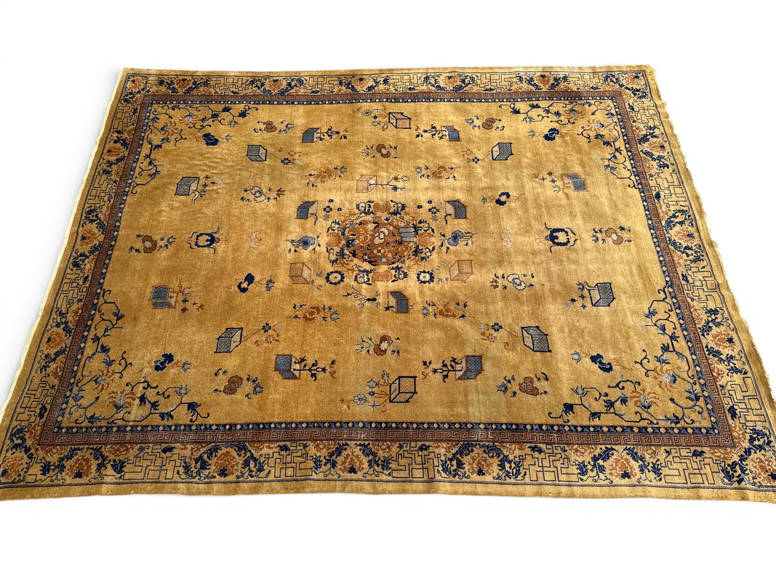 Chinese Art Deco Carpet, 15ft 4in x 11ft 10in: A Chinese Art Deco room-size carpet with a yellow background and scattered design of vases and flowers. 15ft 4in x 11ft 10in. | You have additional shipping options, and are not required to use Live S