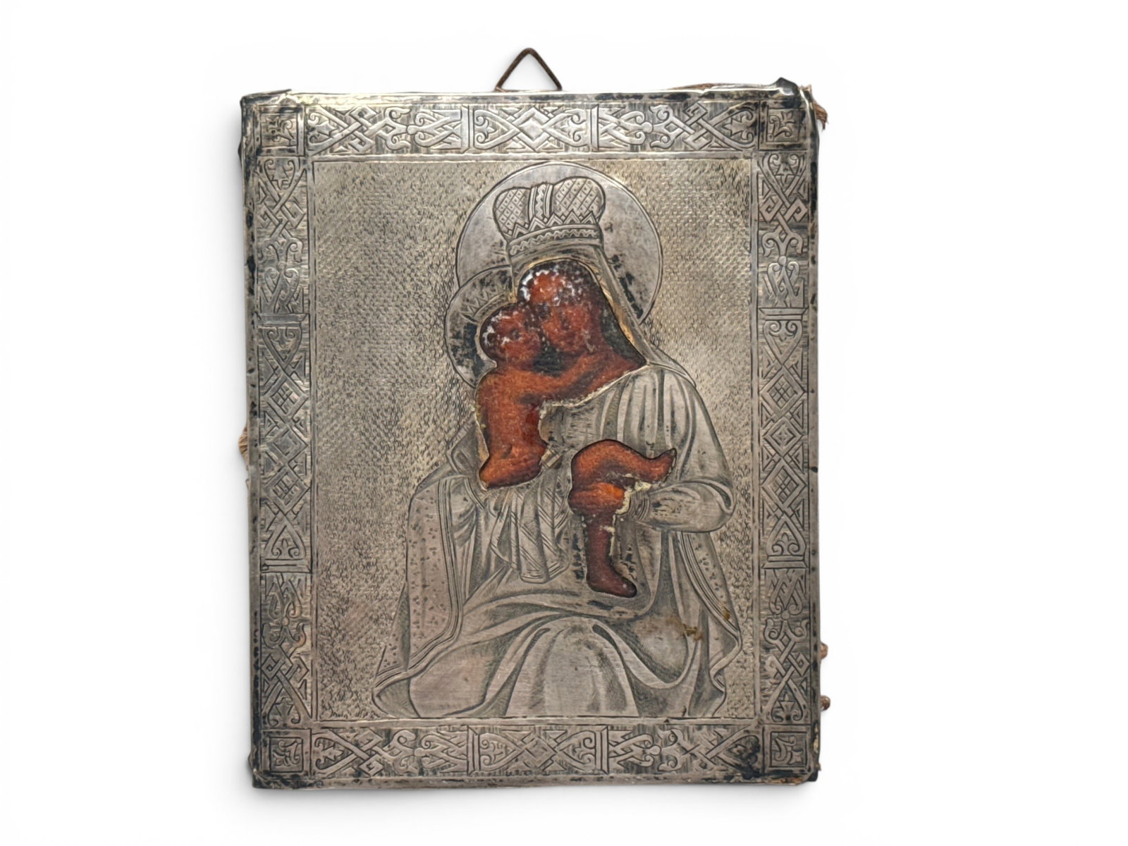 Religious Orthodox Icon: Madonna and Child: A religious Orthodox icon depicting the Madonna and Child, with a silvertone oklad. 5in x 4-1/2in. | You have additional shipping options, and are not required to use Live Shipping. Additional shippin