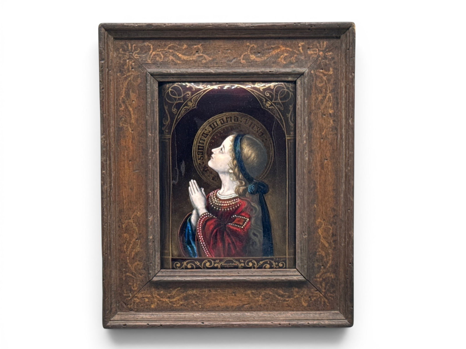 Paul Constant Soyer Painted Enamel Devotional Plaque: Paul Constant Soyer (French, 19th C.). An enameled devotional plaque depicting the Vierge Enfant, in a gilt-decorated fruitwood frame. Signed lower right. 10in x 8-1/2in. | You have additional shippin