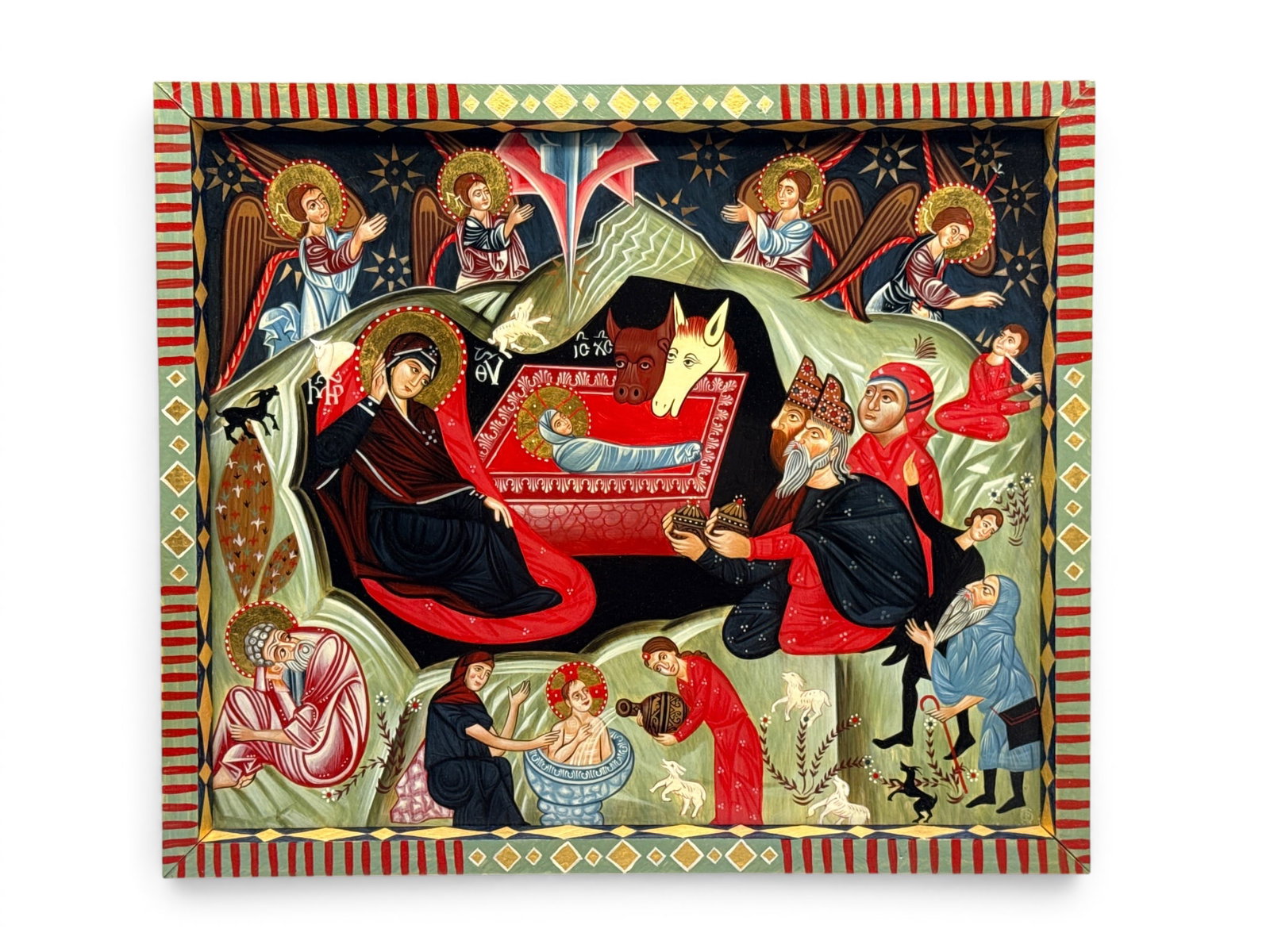 Russian Folk Art Nativity Icon: A Russian folk art icon painting on wood depicting the Nativity scene. 13in x 15in. | You have additional shipping options, and are not required to use Live Shipping. Additional shipping and delivery 