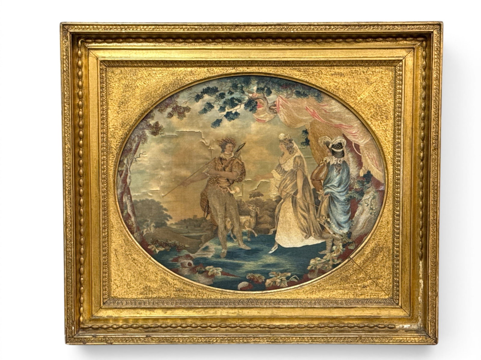 Gilt-Framed English Silkwork Panel: Genre Scene (1 of 6)