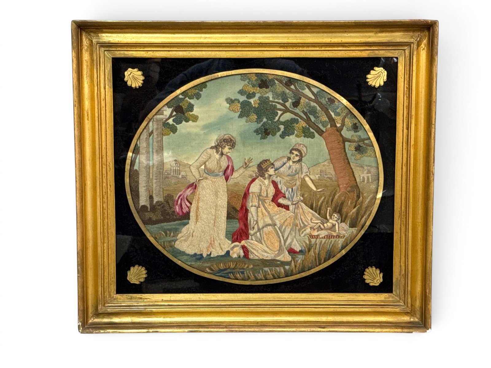 Gilt-Framed English Silkwork Panel: Discovery of Moses (1 of 5)