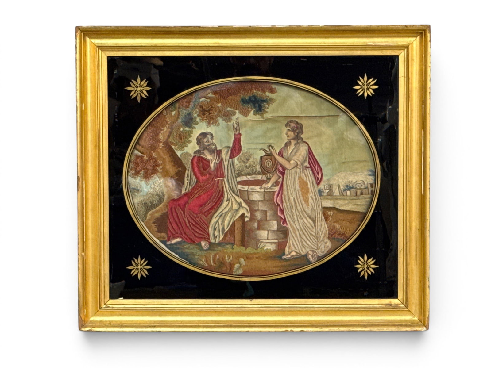 English Silkwork Panel: Christ and Woman at Well (1 of 6)