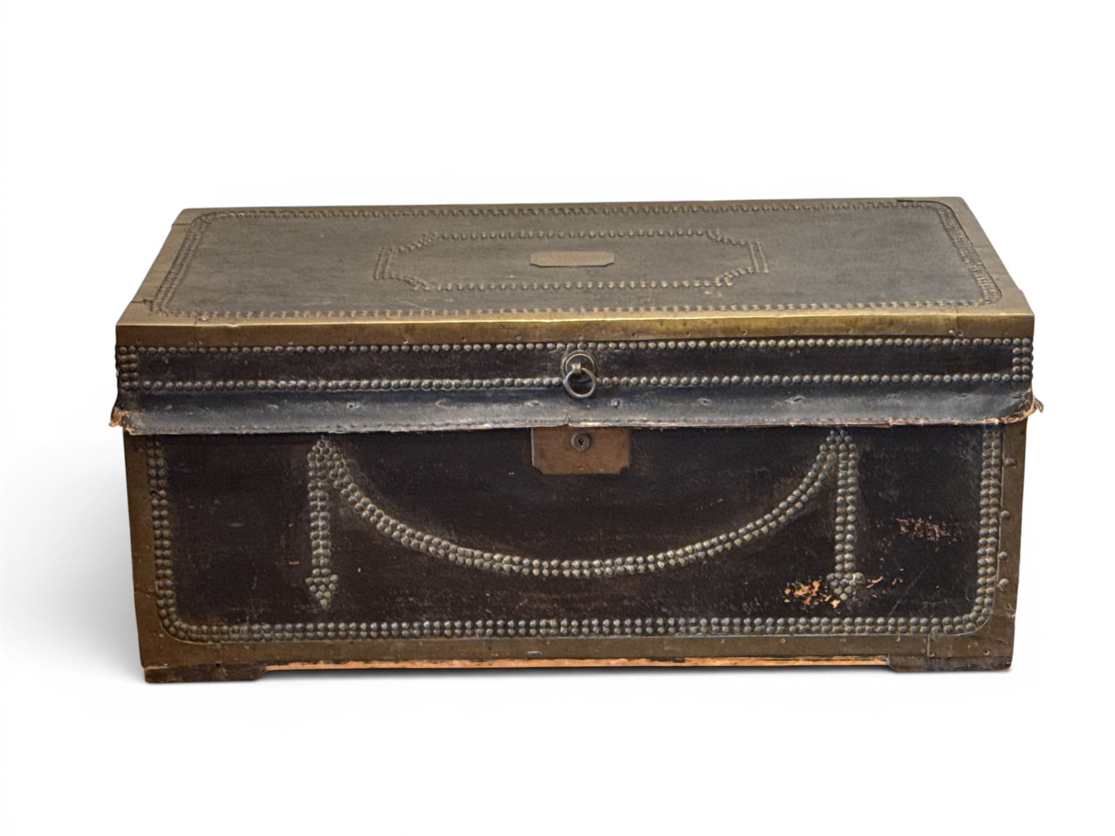 Chinese Export Leather Trunk: A Chinese Export leather-over-camphor wood trunk with brass tacked trim, circa 19th C., Canton. 13-1/4in tall x 30-3/4in wide x 16in deep. | You have additional shipping options, and are not required 