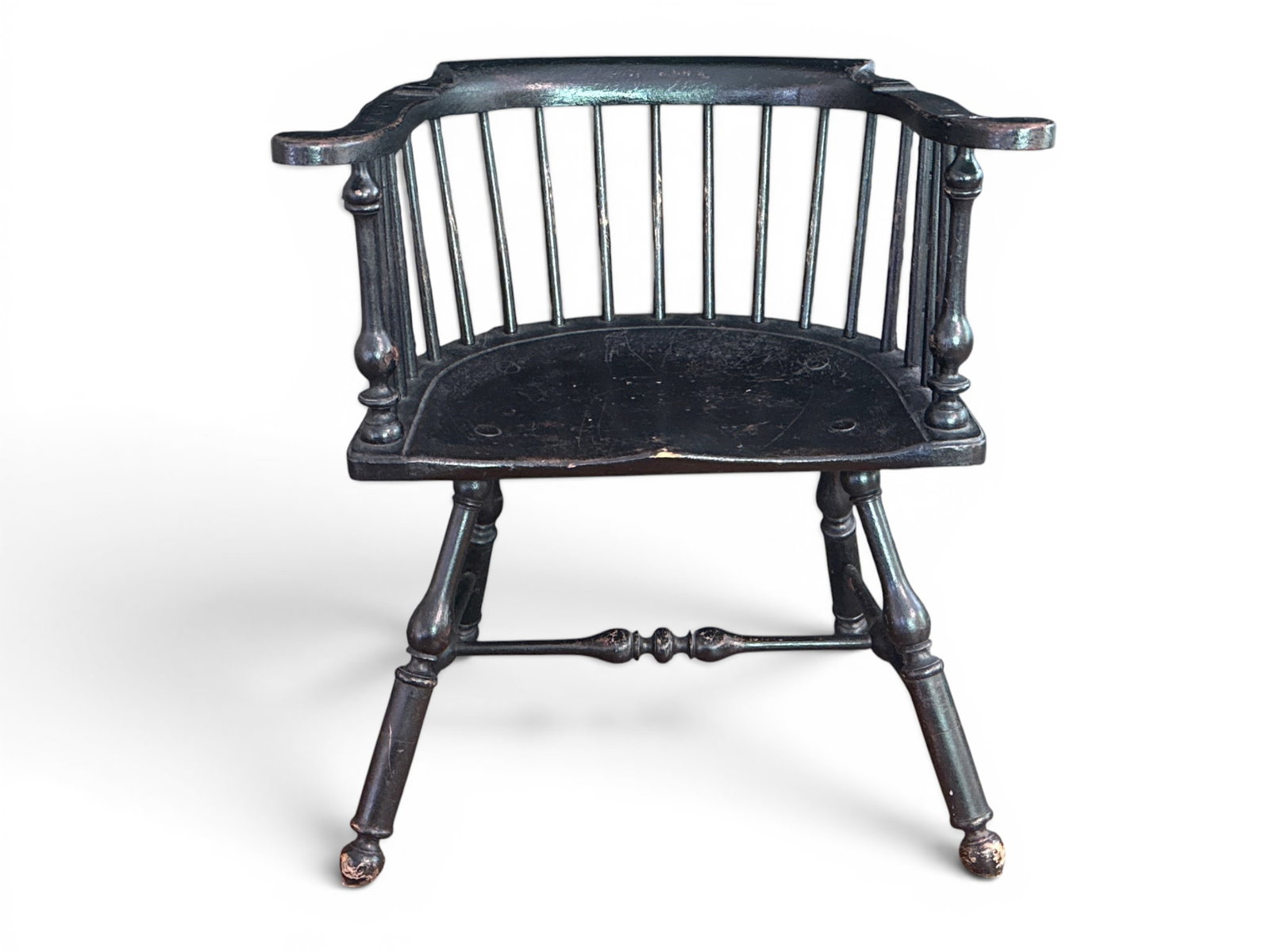Cabinet Made Low Back Windsor Armchair: A cabinet-made painted low back Windsor armchair on a turned stretcher base. 29-1/2in tall x 27-1/2in wide x 17in deep. | You have additional shipping options, and are not required to use Live