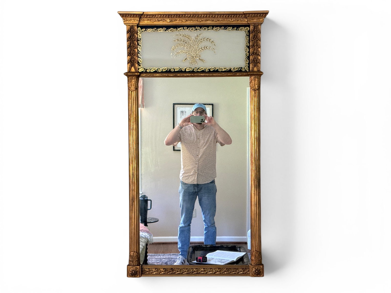 Giltwood Federal-style Mirror with Eglomise Panel: A giltwood Federal-style mirror with an eglomise upper panel decorated with a wheat sheaf. 54-1/2in tall x 30-1/2in wide. | You have additional shipping options, and are not required to use Live Shipp