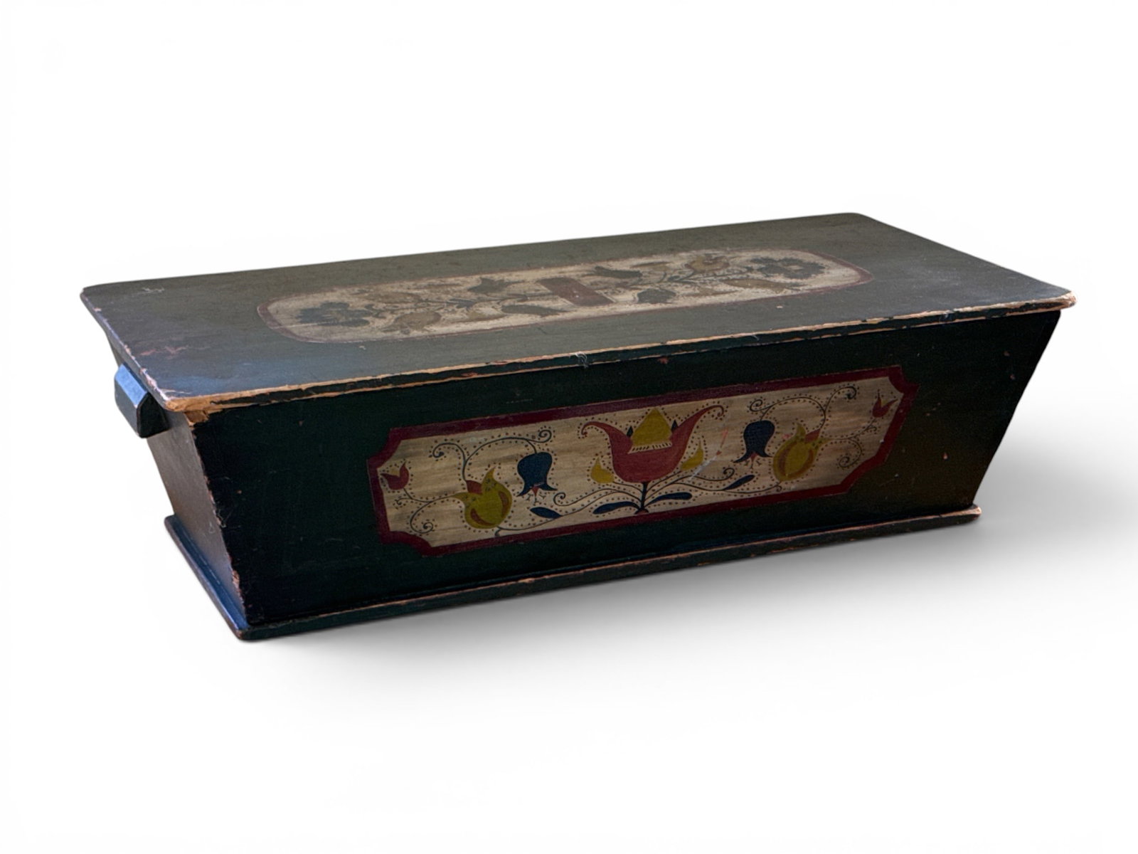Paint Decorated Pine Dough Box: A pine table-top dough box having a painted surface with tulip and floral decorated panels. 9in tall x 32in wide x 15-1/2 in deep. | You have additional shipping options, and are not required to use