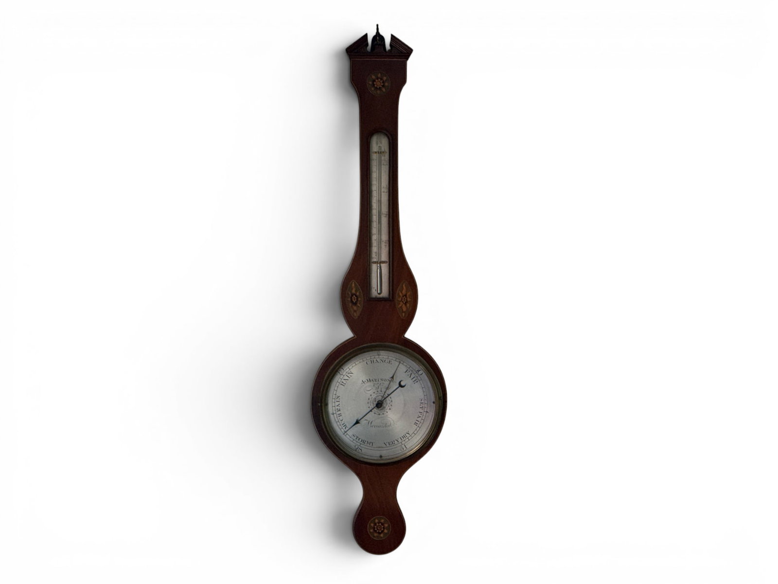 English Inlaid Mahogany Banjo Barometer: A 19th C. English mahogany banjo barometer having an inlaid case and dial marked for A. Marinone & Co. 39in tall x 10-1/4in wide. | You have additional shipping options, and are not required to use
