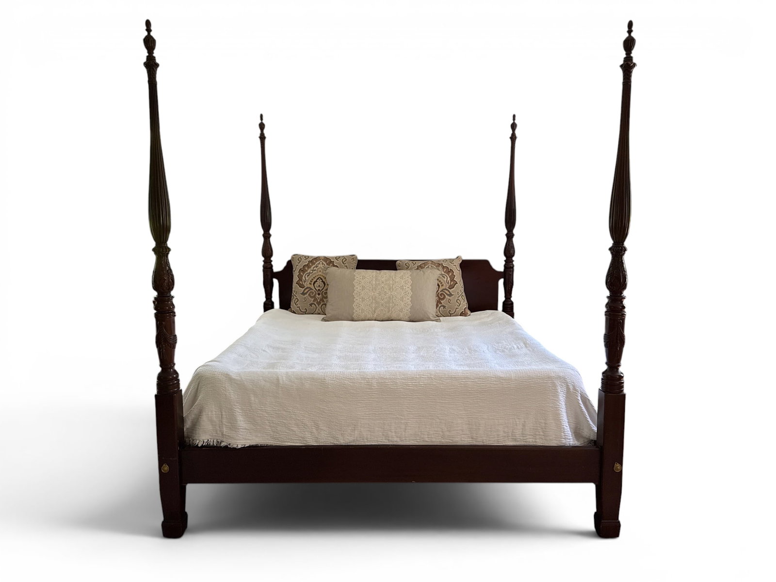 Acanthus Carved Mahogany King Size Poster Bed: An acanthus and tassel carved mahogany king sized four poster bed. 88in tall x 81in wide. | You have additional shipping options, and are not required to use Live Shipping. Additional shipping and del