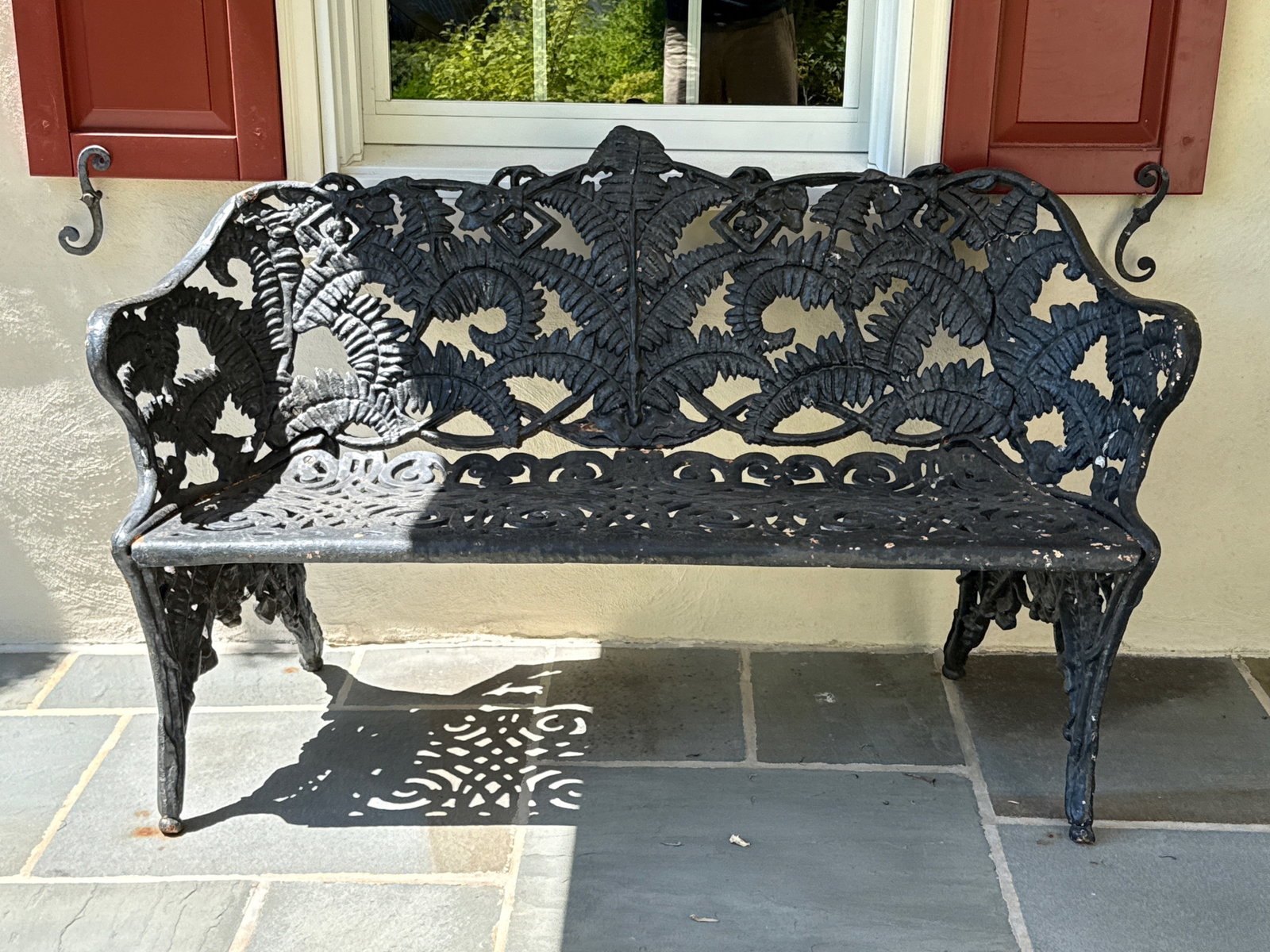 Cast Iron Fern Garden Bench: A black painted cast iron fern garden bench settee. 32-3/4in tall x 54in wide x 20 in deep. | You have additional shipping options, and are not required to use Live Shipping. Additional shipping and d