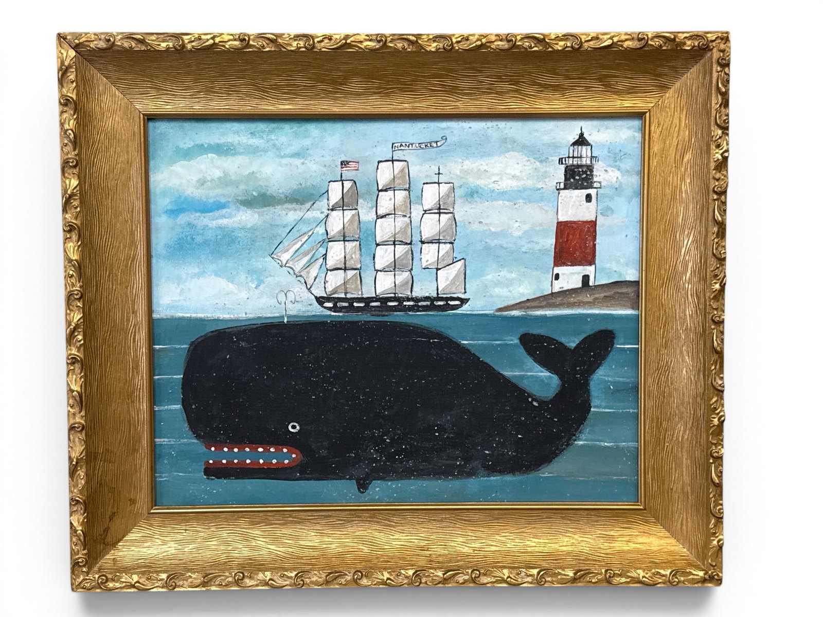 Melinda Kirkpatrick Painting/Panel: Whale at Harbor: Melinda Kirkpatrick (American, Contemporary). A large format New England folk art painting on panel depicting a whimsical whale and a three mastered ship flying a "Nantucket" pennant. Signed Melinda v