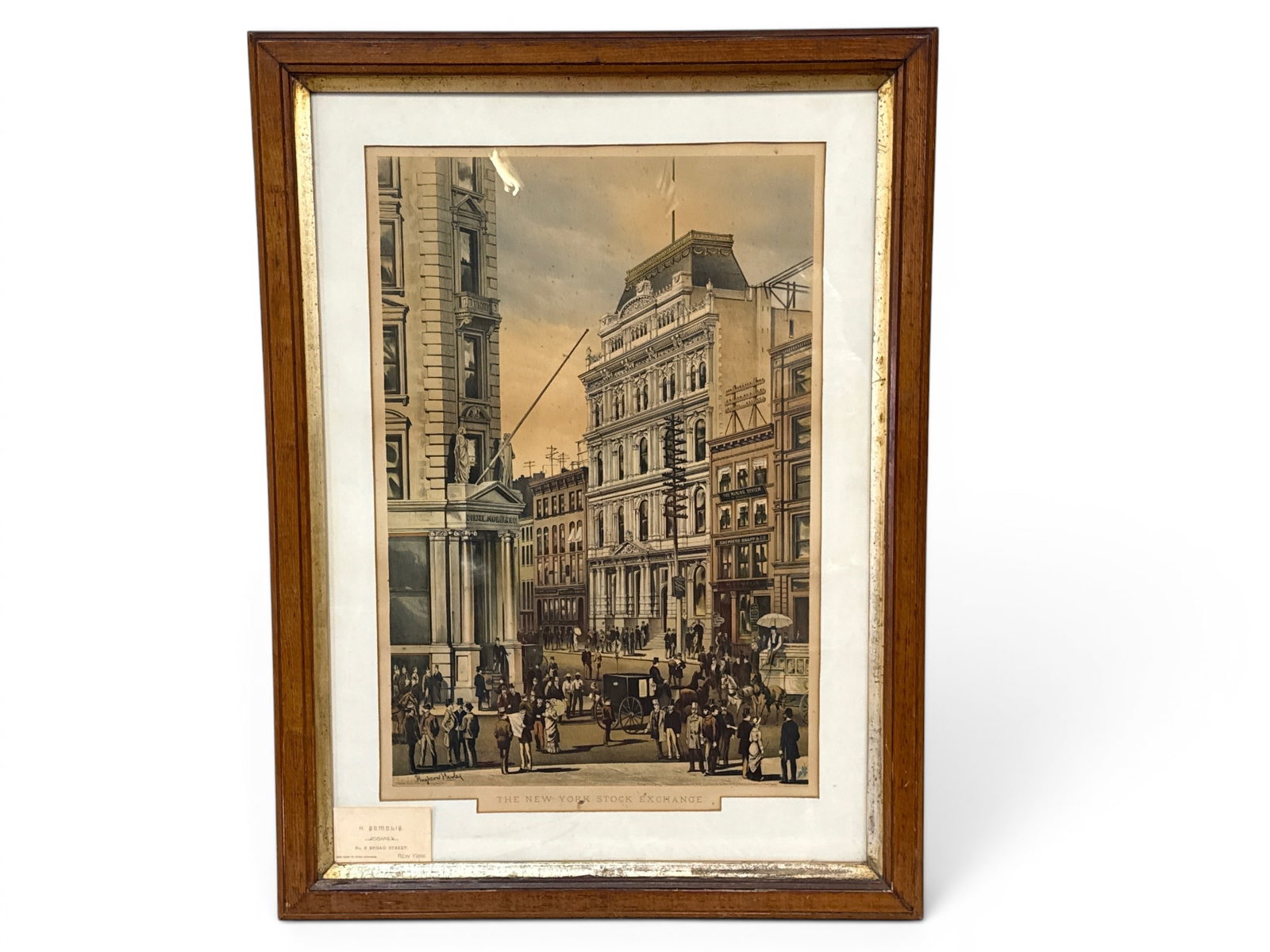 Hughson Hawley Lithograph: New York Stock Exchange.: Hughson Hawley (British, 1850-1936). A chromolithograph print depicting The New York Stock Exchange. Includes small business card from shop next door to stock exchange. Frame: 33in tall x 24in wide. |