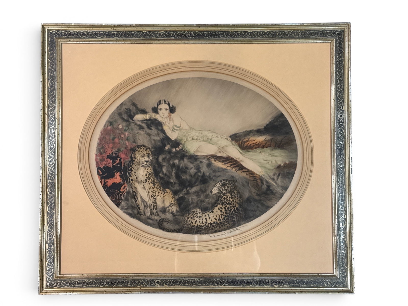 Louis Icart Etching: Lady with Leopards. (1 of 4)