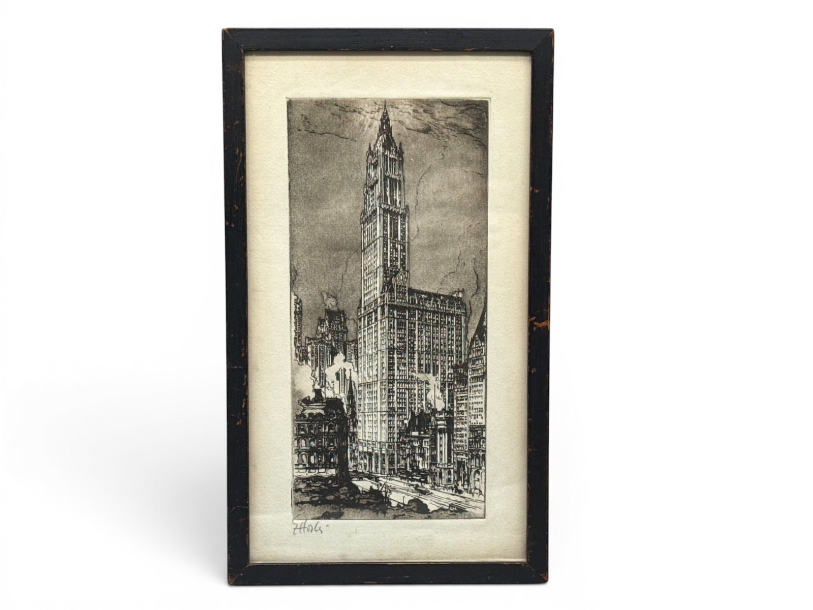 Earl Horter. Etching: Woolworth Building: Earl Horter (Philadelphia, 1880-1940). A black and white etching depicting New York City's Woolworth Building. Pencil signed. Frame: 13in tall x 7-1/2in wide. | You have additional shipping options, a