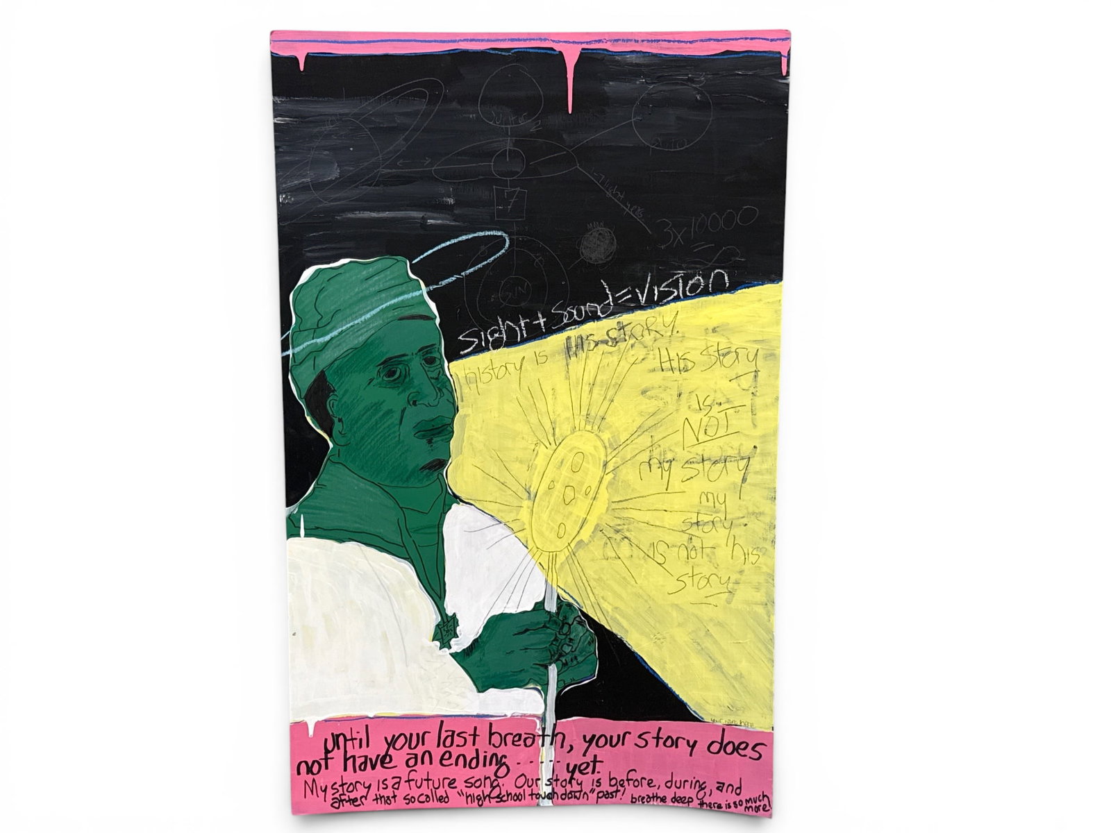 Tim Kerr. Acrylic/Poster. Sight+Sound=Vision: Tim Kerr (The Big Boys, 1979-1984). An acrylic on poster titled Sight+Sound=Vision having green painted figure with hand written text. Unsigned. Poster: 45in tall x 28in wide. | You have additional sh