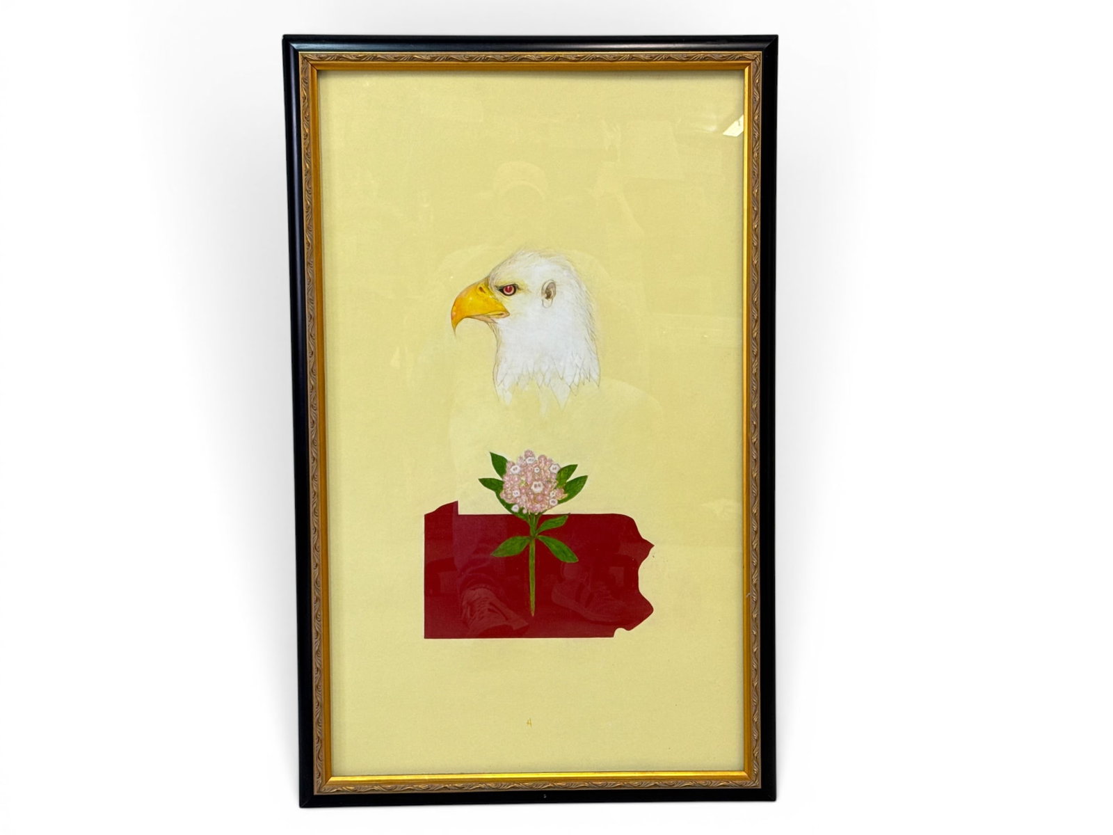 Frederic Hobbs. Acrylic. Eagle: Fredric Hobbs (American, 1931-2018). An acrylic portrait of an eagle over a mountain laurel on the state of Pennsylvania. Signed with an H and framed under glass. Frame opening: 39-1/2 in x 23-1/4 in.