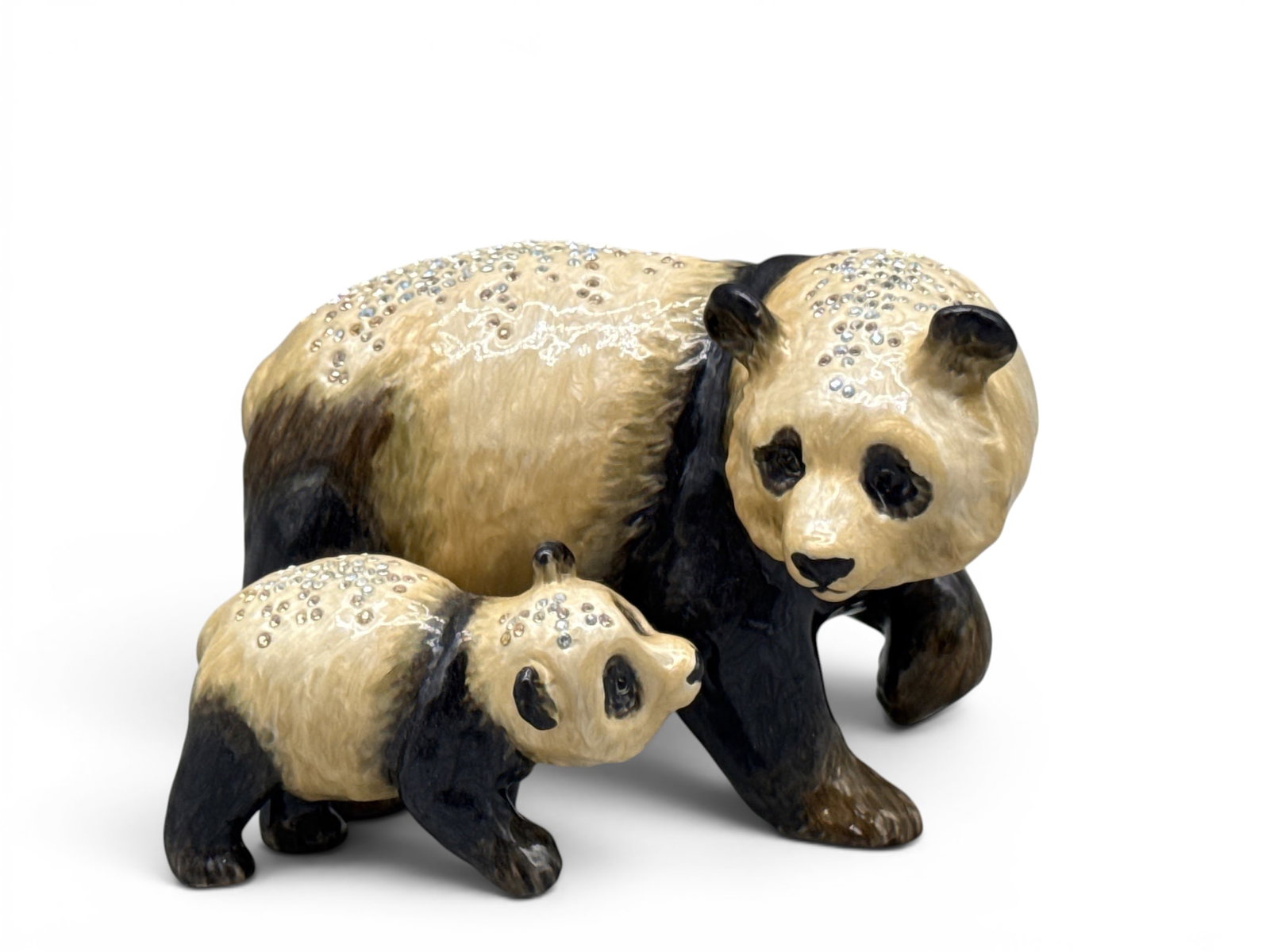 Jay Strongwater Enamel and Swarovski Crystal Panda Bears: A limited edition Jay Strongwater enameled panda figural group depicting mother and cub decorated with Swarovski crystals. Signed and numbered 61/350. 4in tall x 5-1/2in wide. | You have additional sh