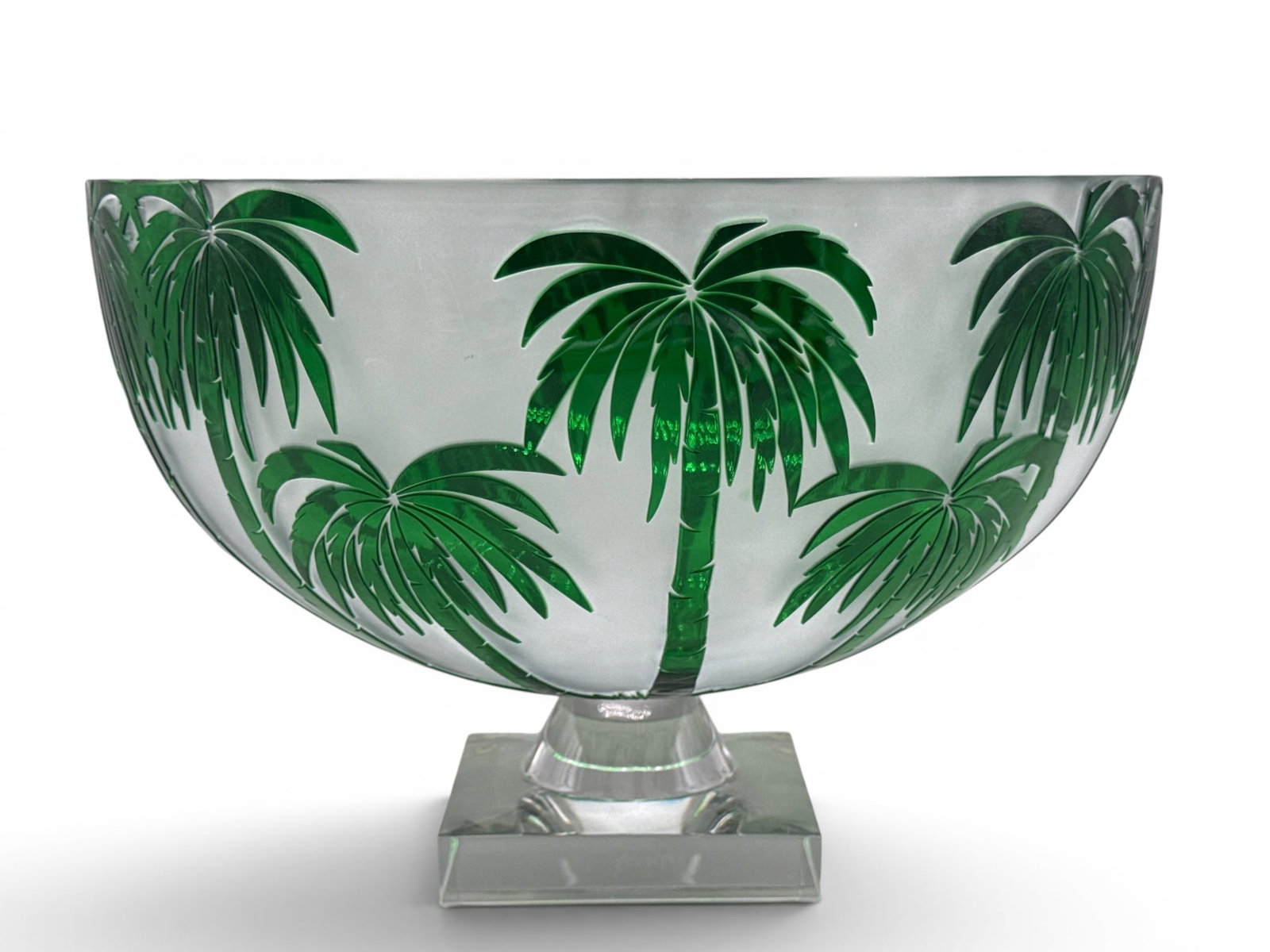 Faberge Cameo Glass Palm Tree Centerpiece Bowl: A Faberge collection cameo glass, footed centerpiece bowl having palm tree relief. Signed. 8-1/2in tall x 12-1/2in wide. | You have additional shipping options, and are not required to use Live Shippi