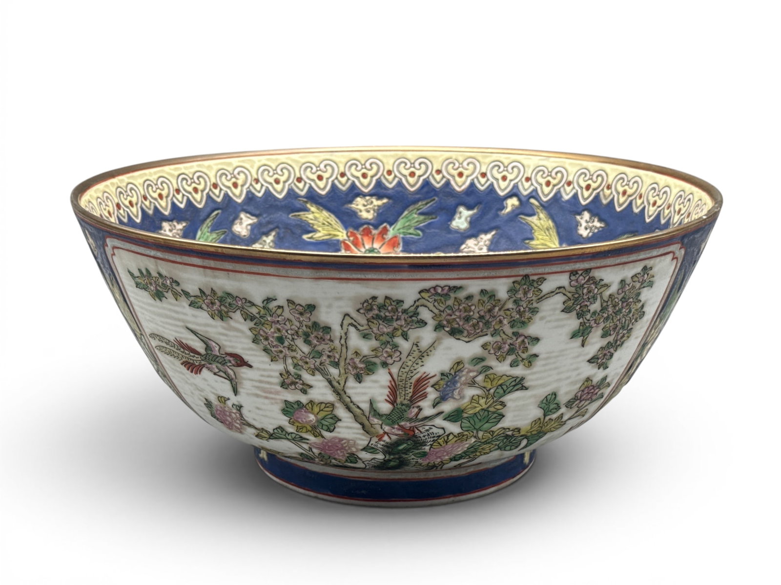 Contemporary Chinese Phoenix Serving Bowl: A contemporary Chinese serving bowl having cobalt blue background with botanical motif and phoenix decoration. 6-1/2in tall x 14in wide. | You have additional shipping options, and are not required to