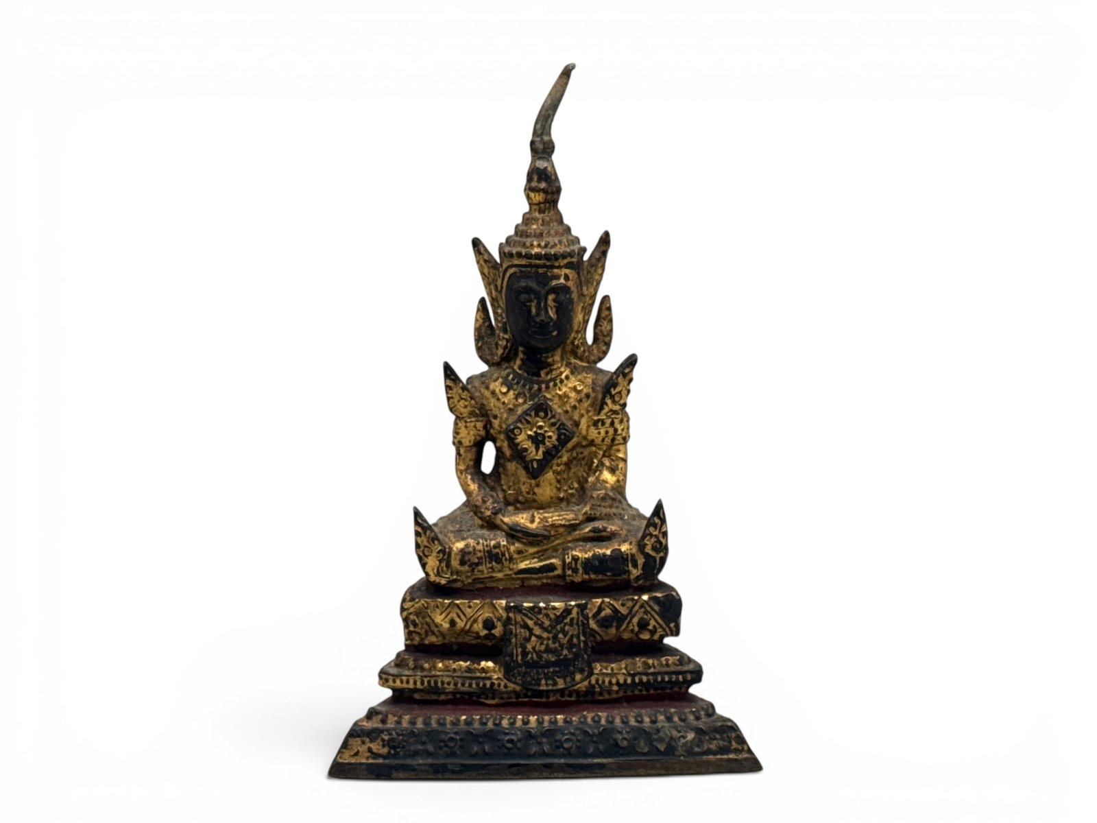 Thai Rattanakosin Gilt Bronze Buddha Figurine: A Thai Rattanaskosin era gilt bronze, meditating Buddha figurine. 5in tall x 3in wide. | You have additional shipping options, and are not required to use Live Shipping. Additional shipping and delive