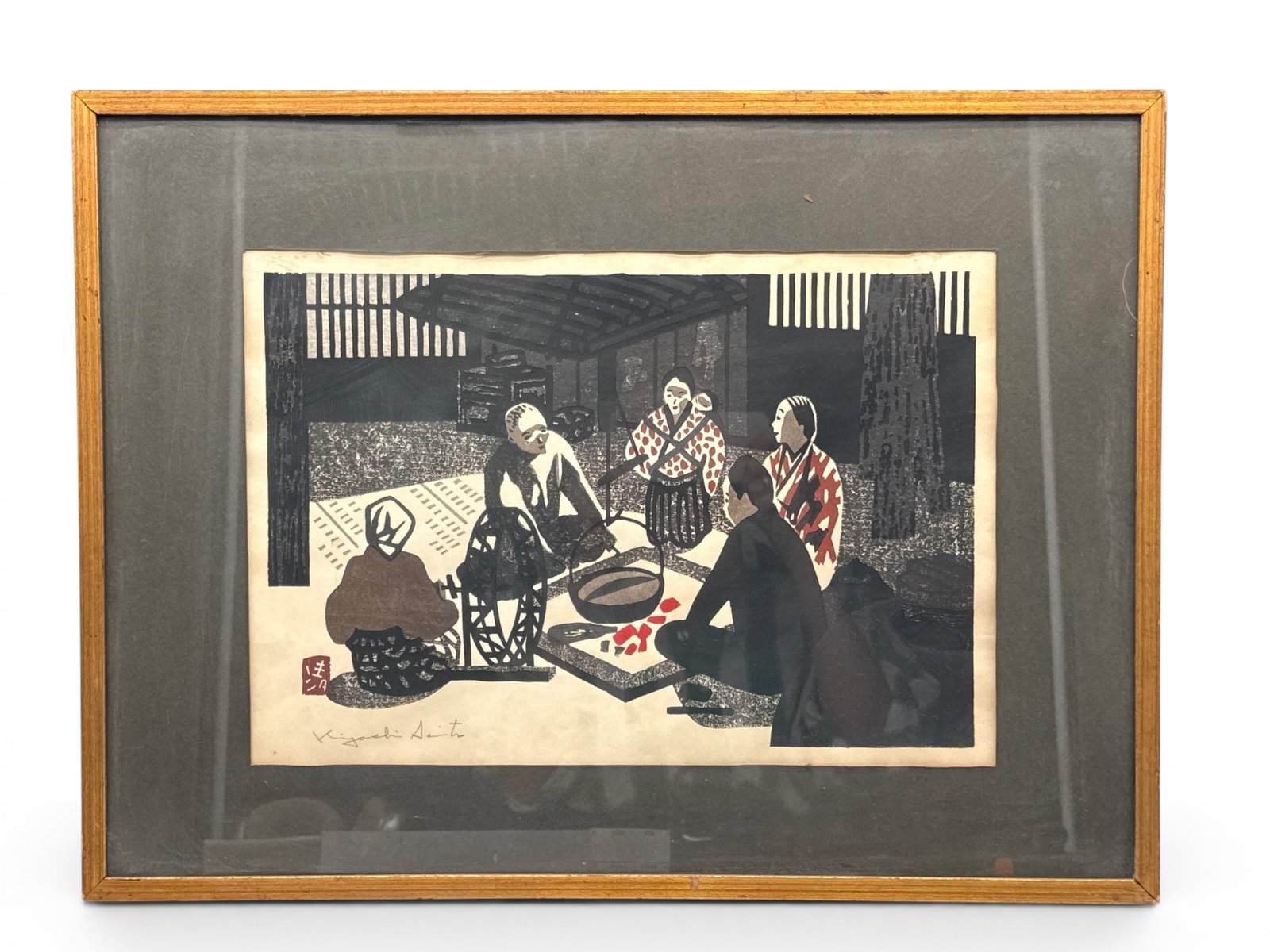 Kiyoshi Saito Woodblock: Winter in Aizu: Kiyoshi Saitu (Japanese, 1907-1997) A woodblock print from the Winter in Aizu series depicting bathing Japanese figures. Frame: 17in tall x 22-1/2in wide. | You have additional shipping options, and a