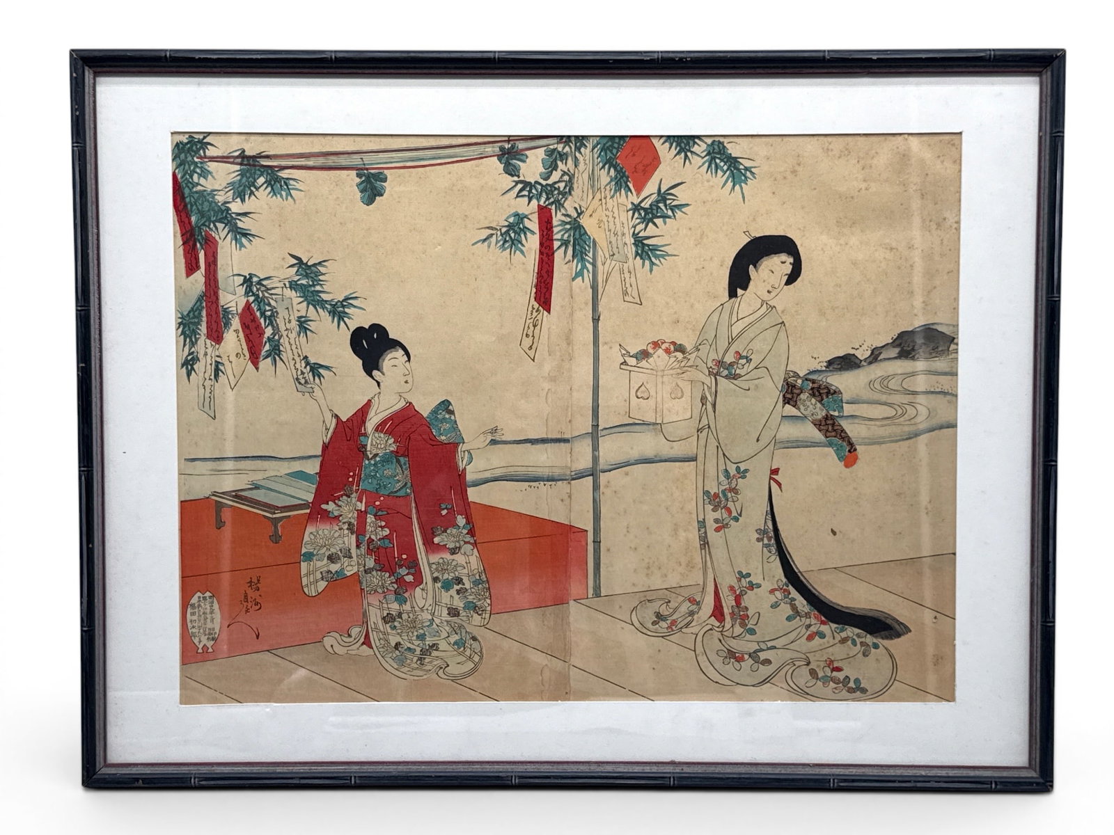 Toyohara Chikanobu. Woodblock: Beauties Watching Goldfish: Toyohara Chikanobu (Japanese, 1868-1896) A woodblock print titled "Beauties Watching Goldfish" part of the Chiyoda Castle series. Frame: 18in tall x 23in wide. Mat opening: 14in tall x 18-1/2in wide.