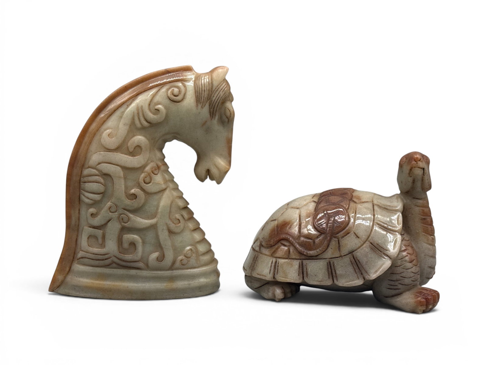 Chinese Hetian Jade Horse and Turtle: A Chinese carved Hetian Jade horse and turtle. Horse: 9in tall x 6in wide. | You have additional shipping options, and are not required to use Live Shipping. Additional shipping and delivery details a