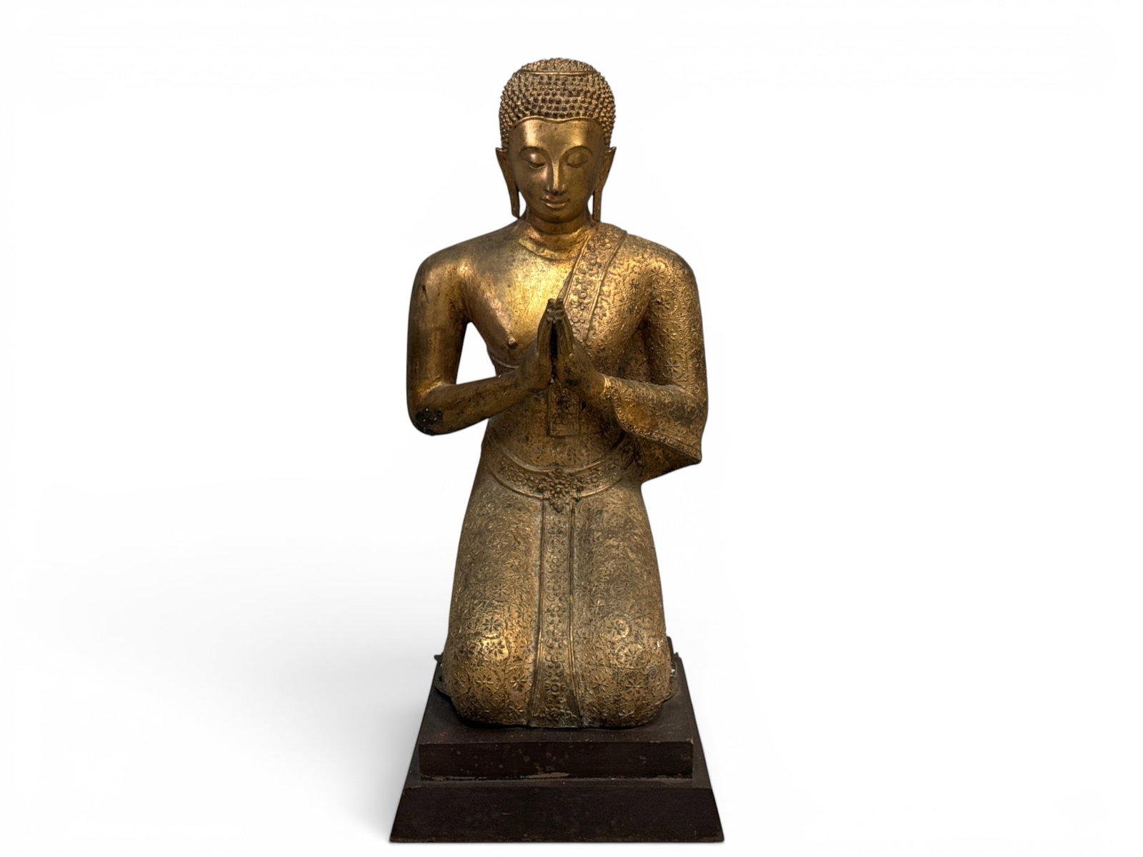 Thai Gilt-Lacquered Bronze Figure of a Praying Buddha: A Thai gilt-lacquered bronze figure of a praying Buddha. 28in tall x 12in wide. | You have additional shipping options, and are not required to use Live Shipping. Additional shipping and delivery deta