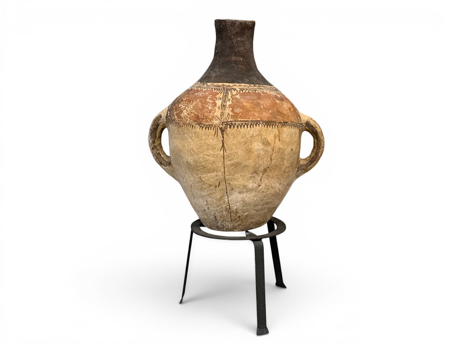 Berber Moroccan Party Amphora and Stand: A Berber Moroccan pottery amphora having hand painted detail resting on iron stand. Amphora: 29in tall x 17in wide. | You have additional shipping options, and are not required to use Live Shipping. A