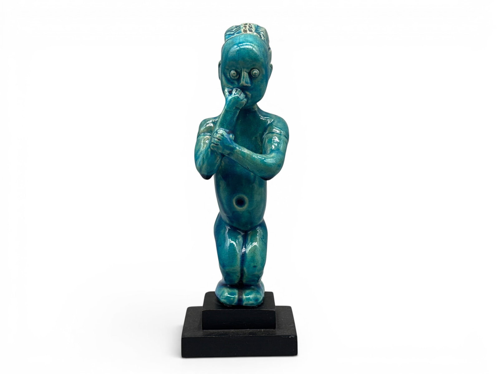 Egyptian Faience Pottery Pataikos Figurine: An Egyptian, turquoise faience pottery figurine depicting the deity Pataikos. 9in tall x 3in wide. | You have additional shipping options, and are not required to use Live Shipping. Additional shippin