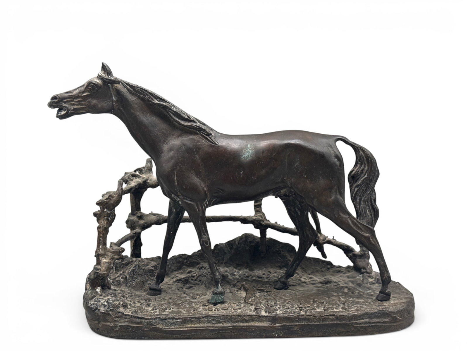After Pierre Jules Mene. Bronze: Standing Horse: After Pierre Jules Mene (French, 1810-1879) A bronze sculpture depicting standing horse surrounded by fence. Signed. 7-1/2in tall x 9in wide. | You have additional shipping options, and are not requir