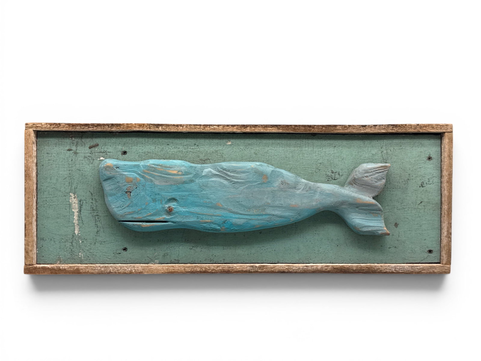 John Gibson Folk Art Whale Wall Hanging: A John Gibson hand crafted and painted folk art wood wall hanging depicting a whale. 8in tall x 22in wide. | You have additional shipping options, and are not required to use Live Shipping. Additional