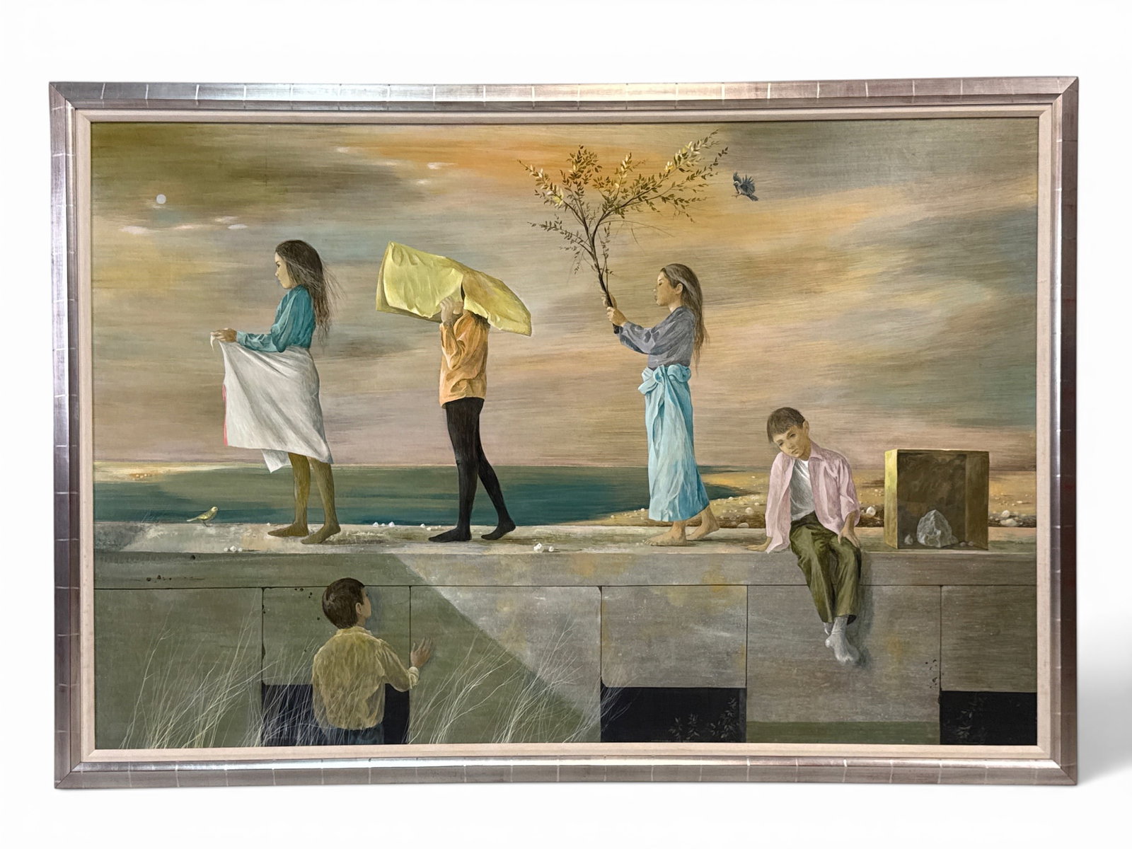Large Format Oil/Board Surrealist Scene: A large format oil on board depicting a surrealist scene of children holding natural elements. Unsigned. Frame: 45in tall x 65in wide. | You have additional shipping options, and are not required to u