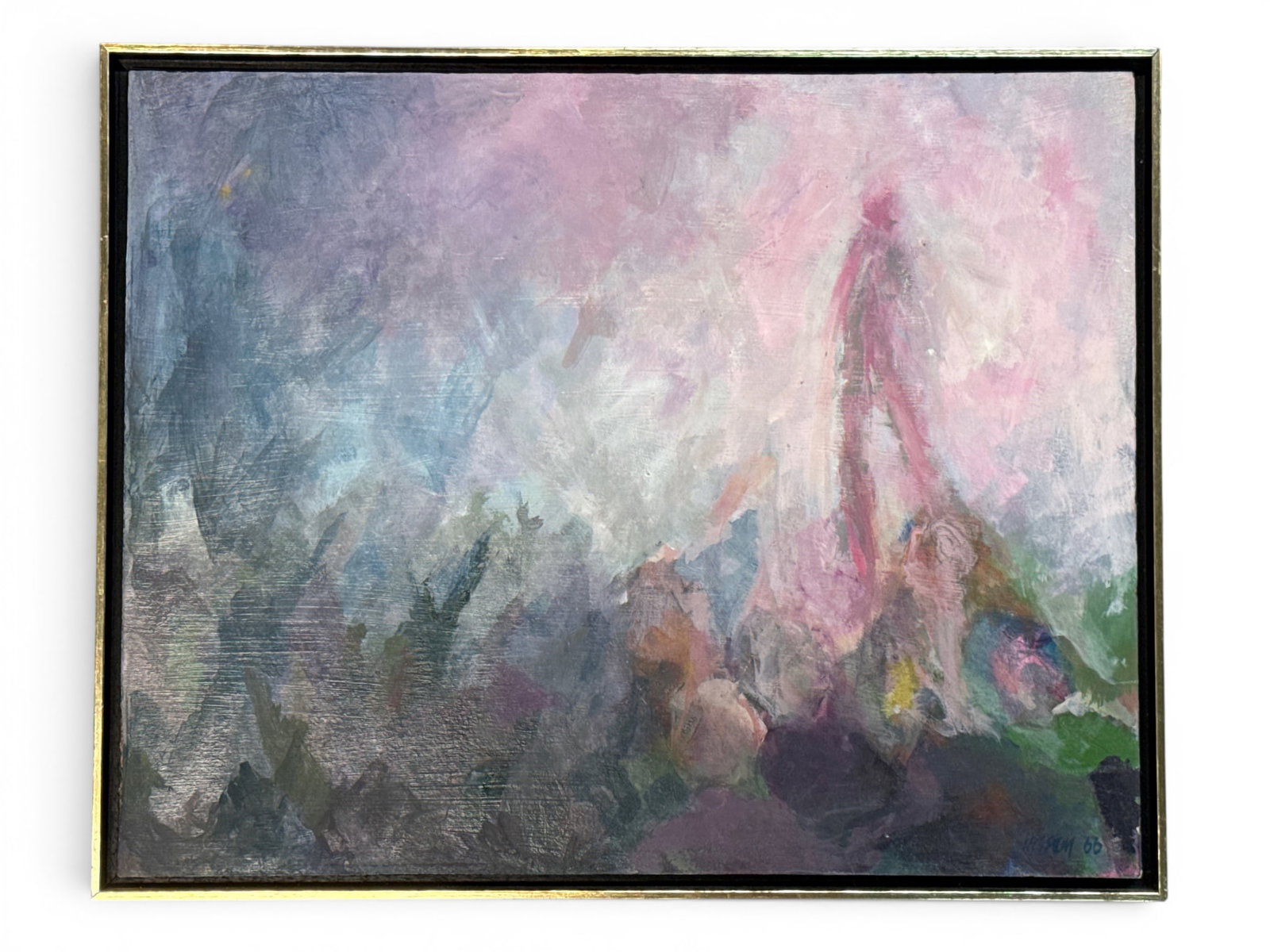 Vicki Hessan Acrylic/Canvas: Abstract: Vicki Hessan (Pennslyvania, 20th C.) A midcentury acrylic on canvas having abstract figural theme. Signed and dated 66. Attributed verso. 19in tall x 24in wide. | You have additional shipping options,
