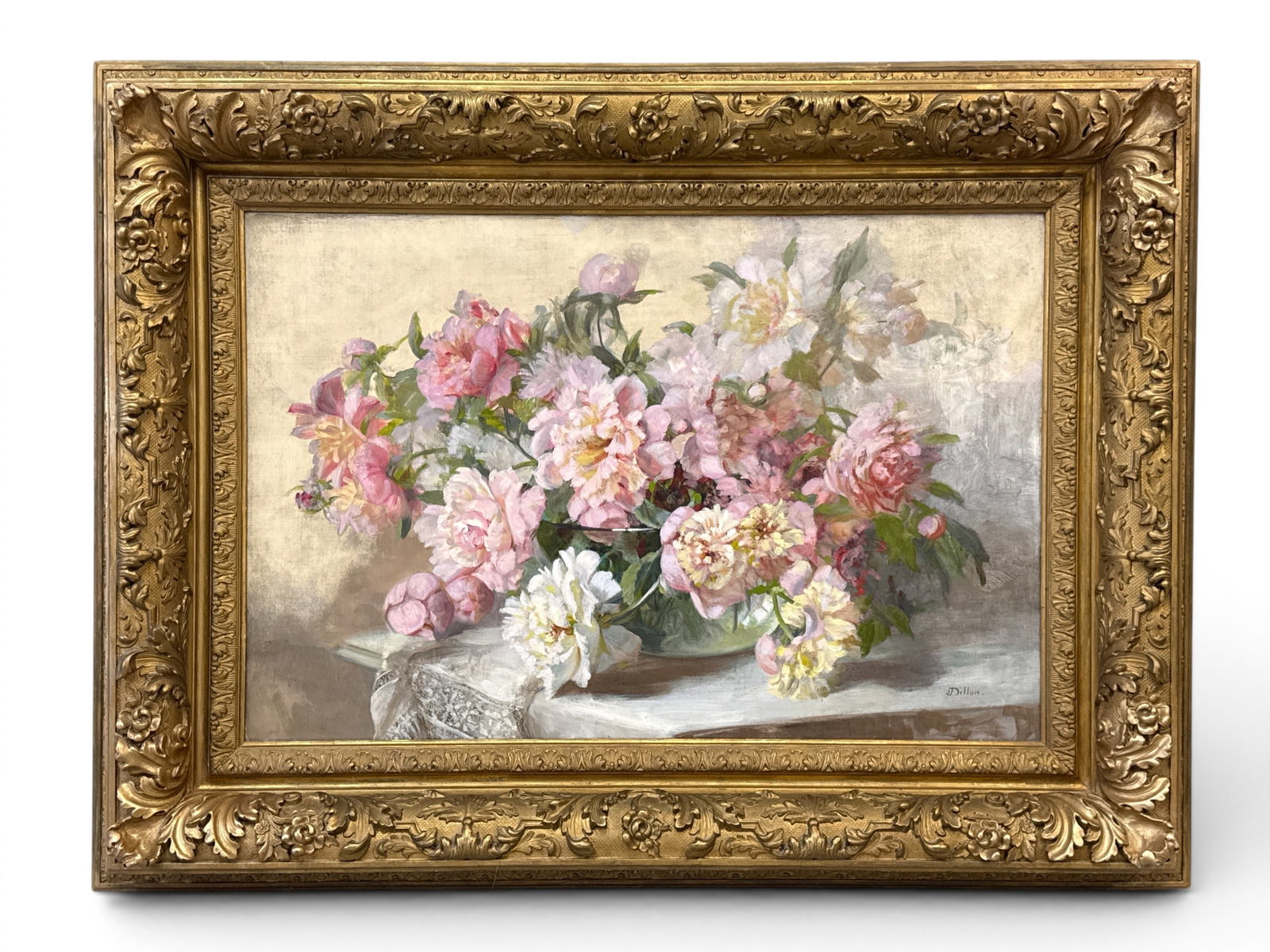 Julia McEntee Dillon Oil/Canvas: Pink Peonies: Julia McEntree Dillon (American, 1834-1919) A gilt-wood framed oil on canvas still life of pink peonies in vase. Signed lower right. Canvas: 24in tall x 36in wide. Frame: 37in tall x 49in wide. | You 