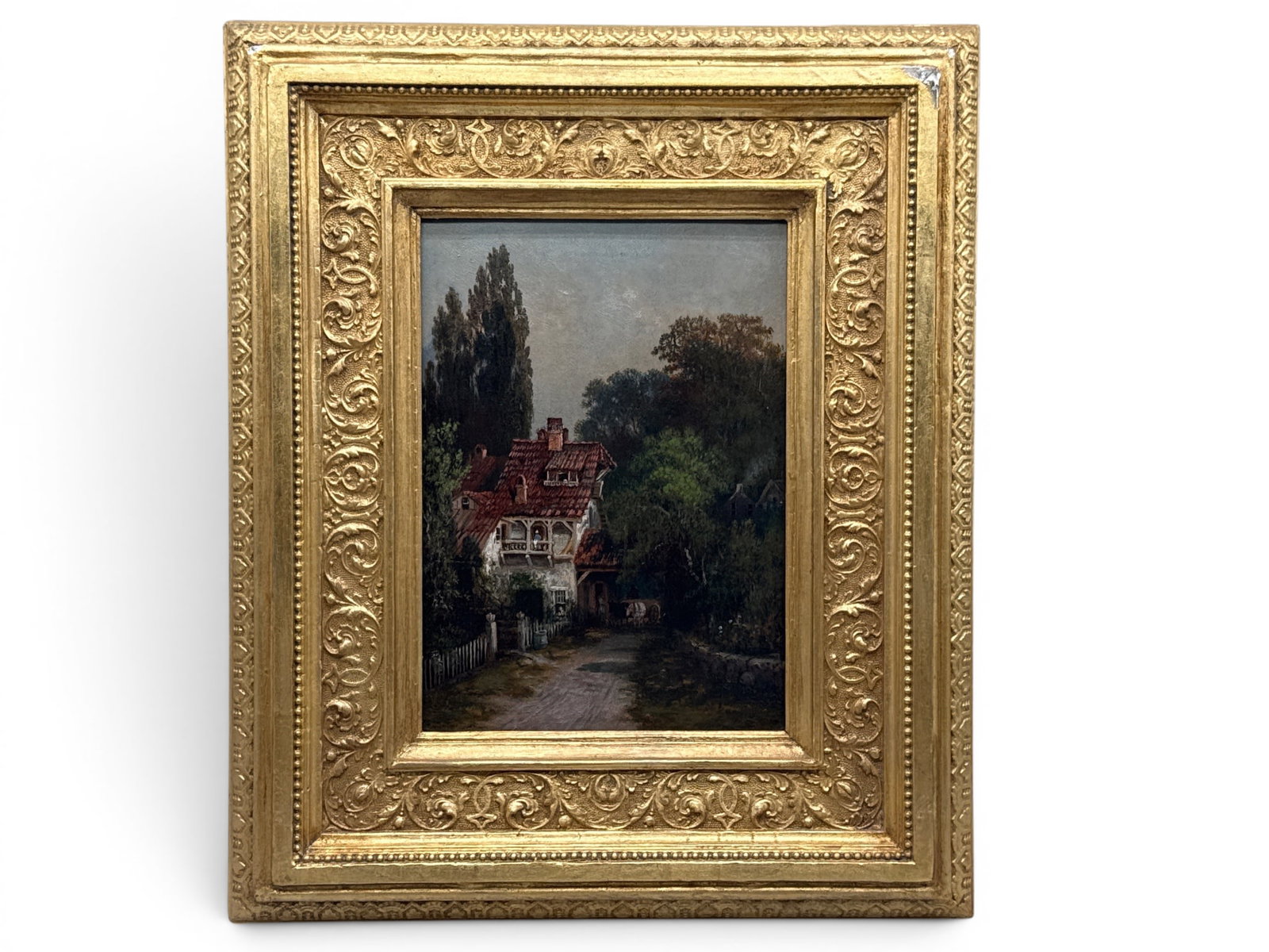 Gilt-Wood Framed Oil/Board: Village Scene: A gilt-wood framed oil on board depicting a quaint village life scene. Board: 10-1/2in tall x 7in wide. Frame: 18in tall x 14in wide. | You have additional shipping options, and are not required to us
