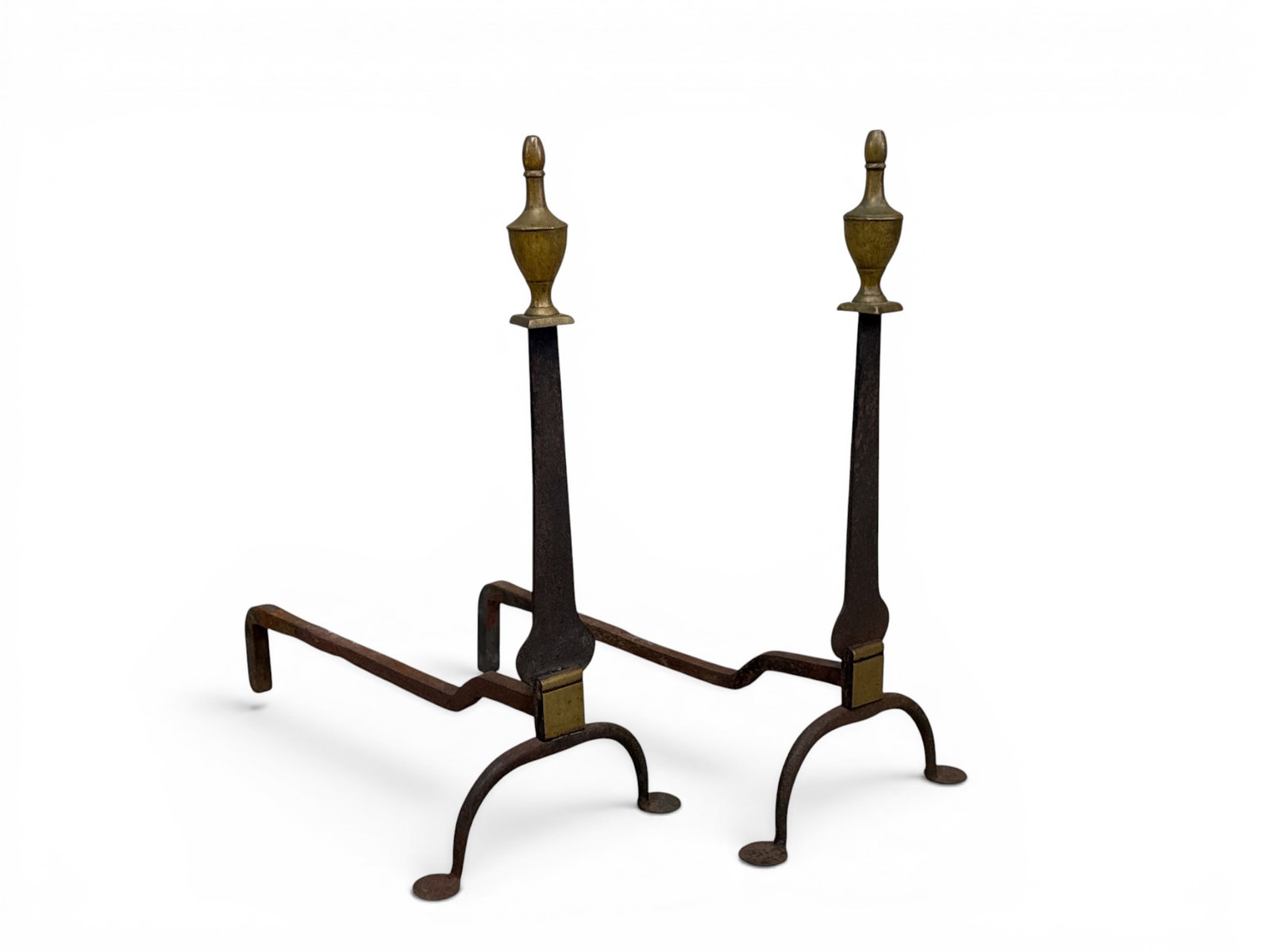 18th C. Iron and Brass Knife Blade Andirons: A pair of 18th C. iron and brass knife blade andirons having urn form finials having pressed feet. 18-1/2in tall x 16 in size. | You have additional shipping options, and are not required to use Live 