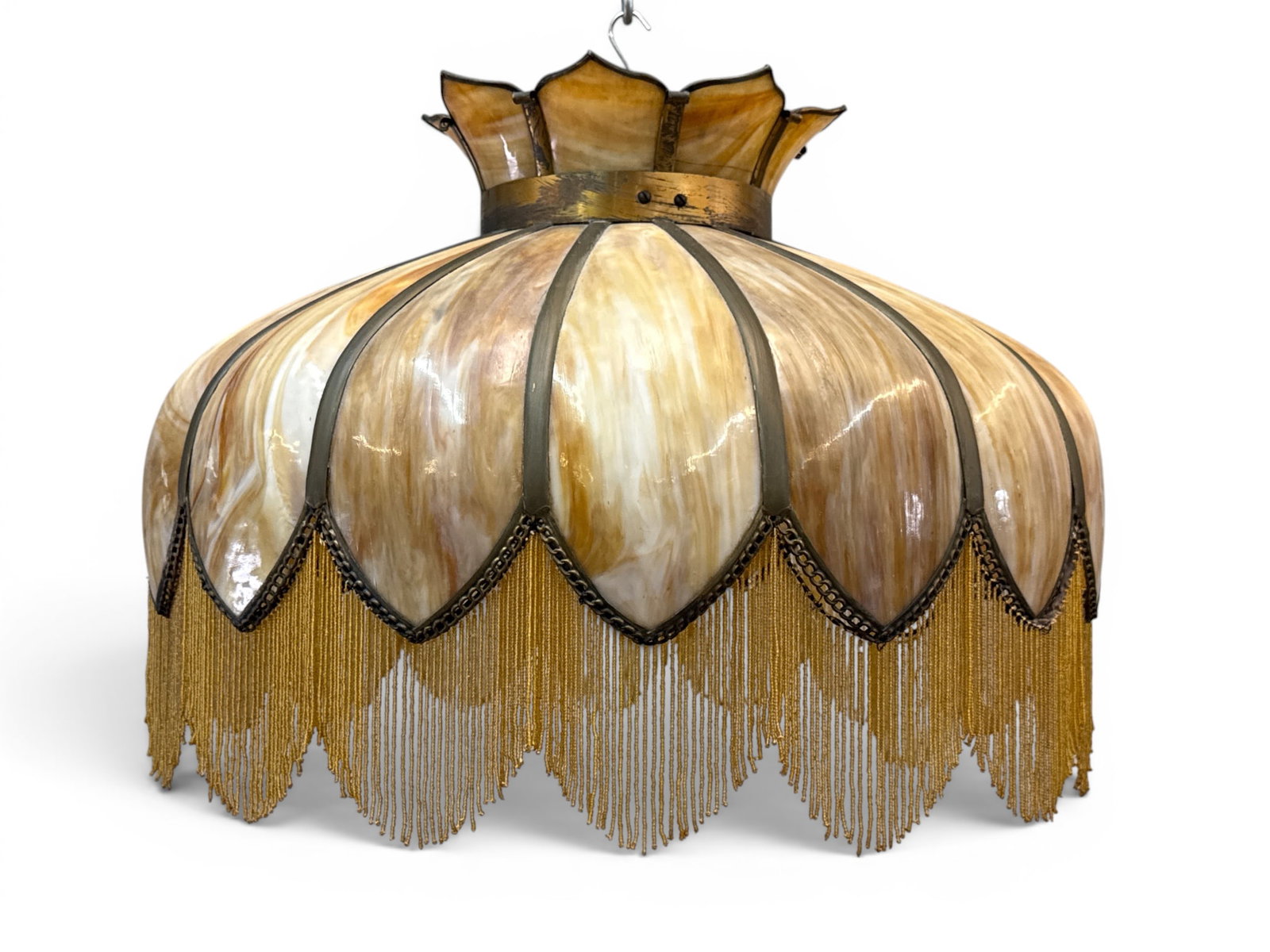 Art Deco Slag Glass Beaded Chandelier: An Art Deco era slag glass lamp having flower form with gold beaded fringe. 13in tall x 19in wide. Some areas of beading needs to be reattached. | You have additional shipping options, and are not req