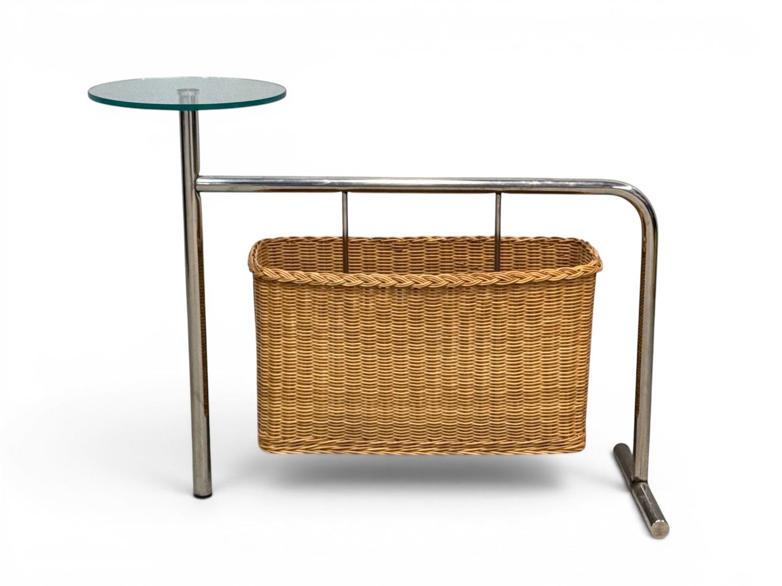 Andrea Branzi Side Table and Magazine Rack: Andrea Branzi for Zanotta "Potto" side table and magazine rack, chrome, glass, and rattan. 22in tall x 30in wide x 12 in deep. | You have additional shipping options, and are not required to use Live 