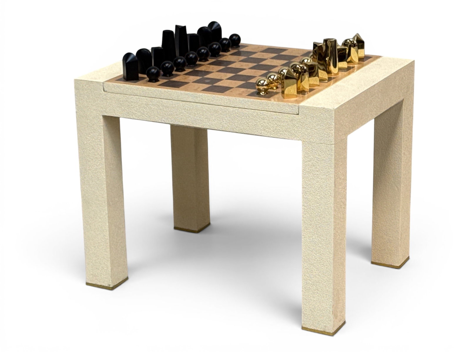 Aerin Shagreen Chess Side Table and Set: An Aerin modernist shagreen chess table with sleek metal chess set. Original box for pieces included. Table: 16in tall x 15-1/4in wide x 20-1/4 in deep. | You have additional shipping options, and are